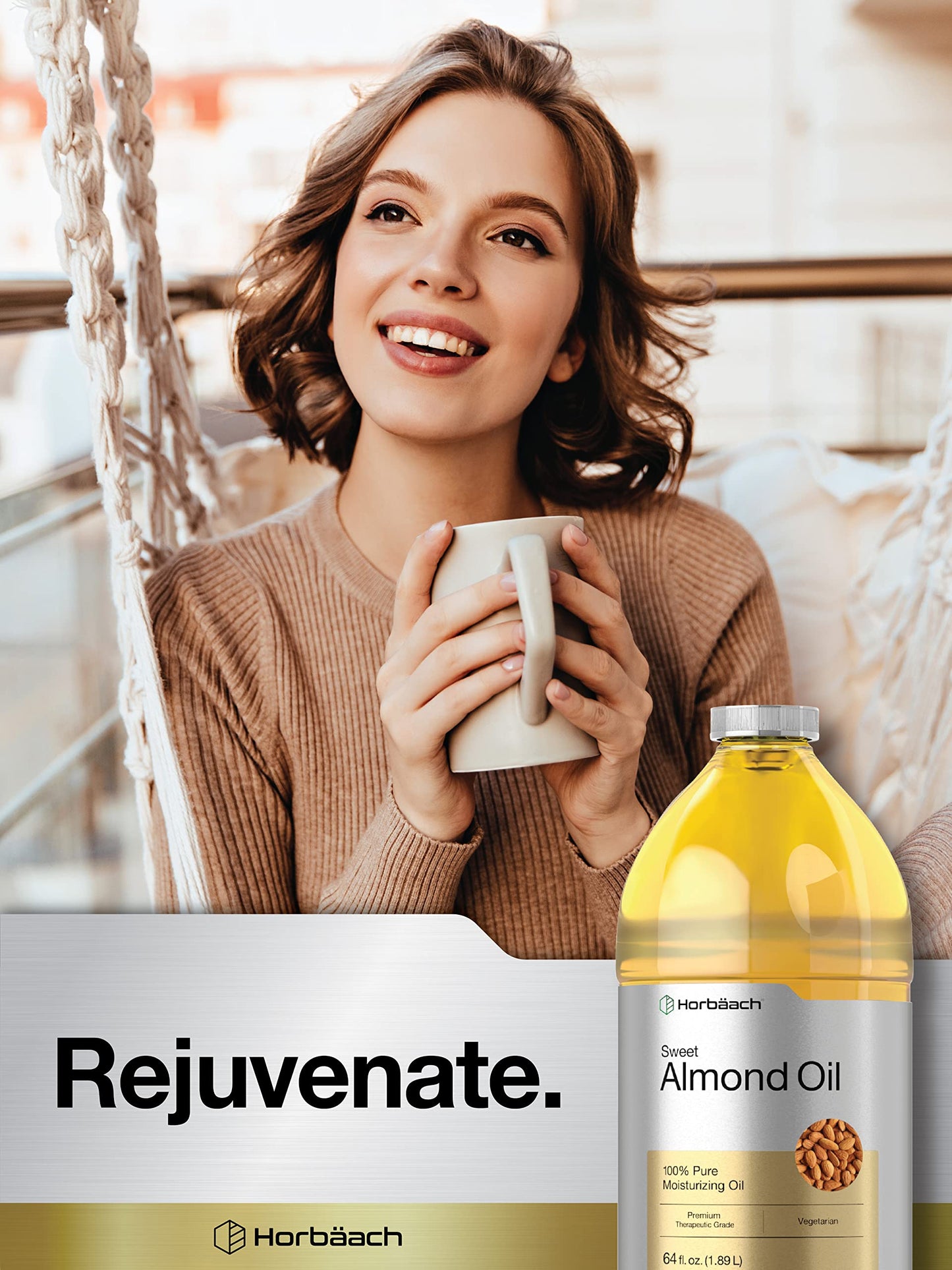 Horbäach Sweet Almond Oil 64-oz – Cold-Pressed, Hexane-Free Carrier Oil for Hair & Skin | Vegan, Non-GMO, Cruelty-Free
