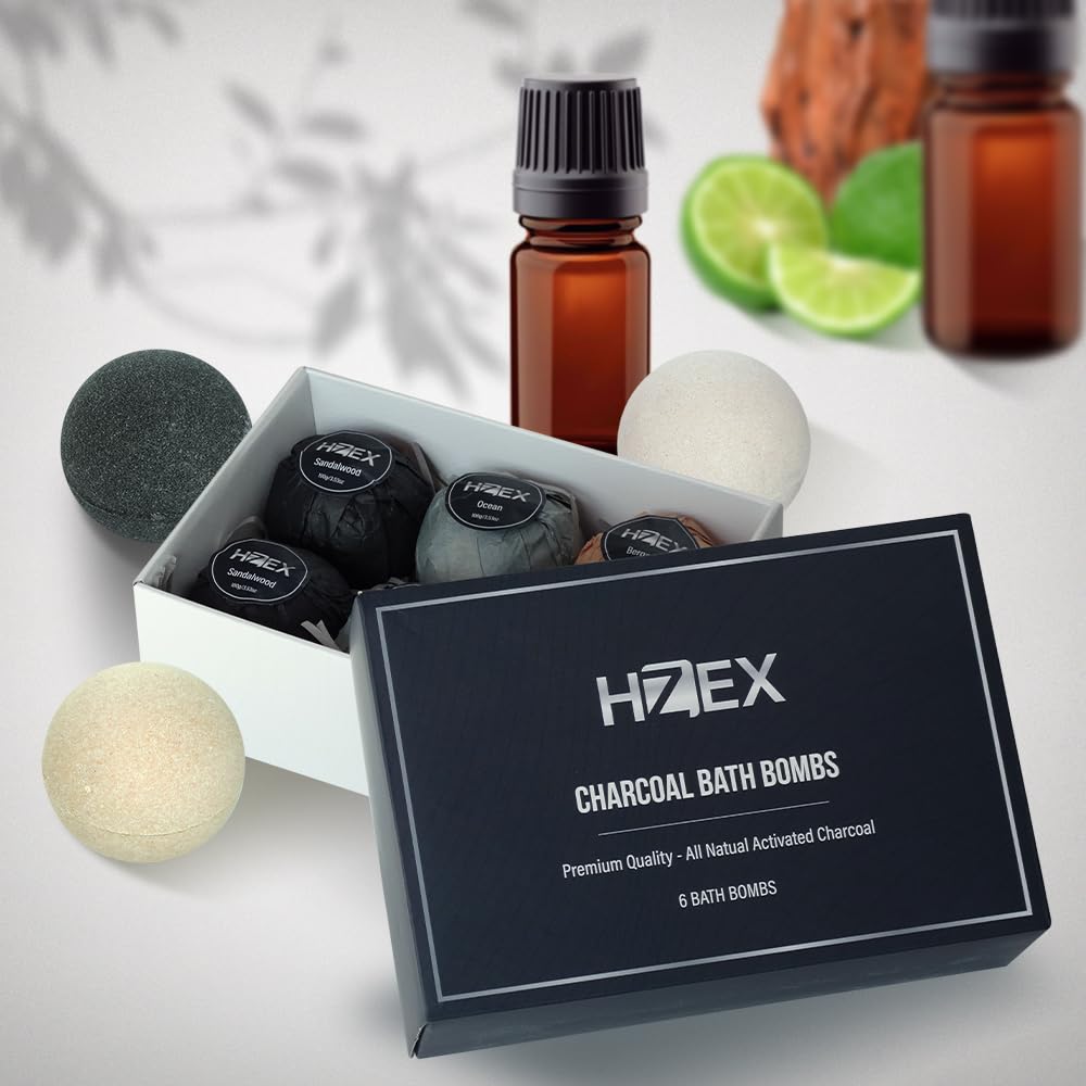 HZEX Charcoal Bath Bombs Gift Set – 6-Piece Natural Spa Fizzies with Essential Oils – Handmade Vegan Bath Bombs