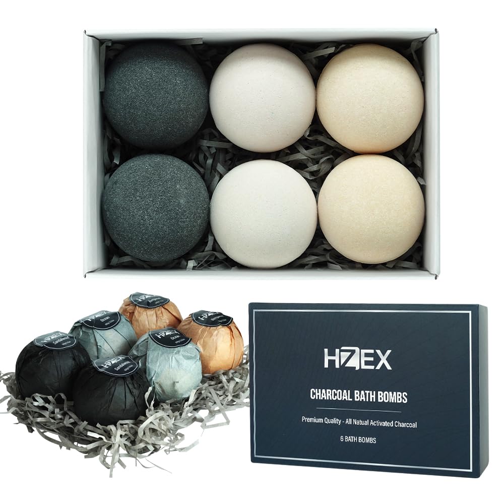 HZEX Charcoal Bath Bombs Gift Set – 6-Piece Natural Spa Fizzies with Essential Oils – Handmade Vegan Bath Bombs