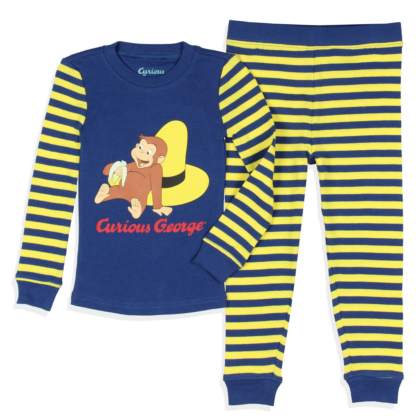 INTIMO Curious George Toddler Boys' Tight Fit Banana Stripe Sleep Pajama Set – Long Sleeves & Pants, Blue (5T)