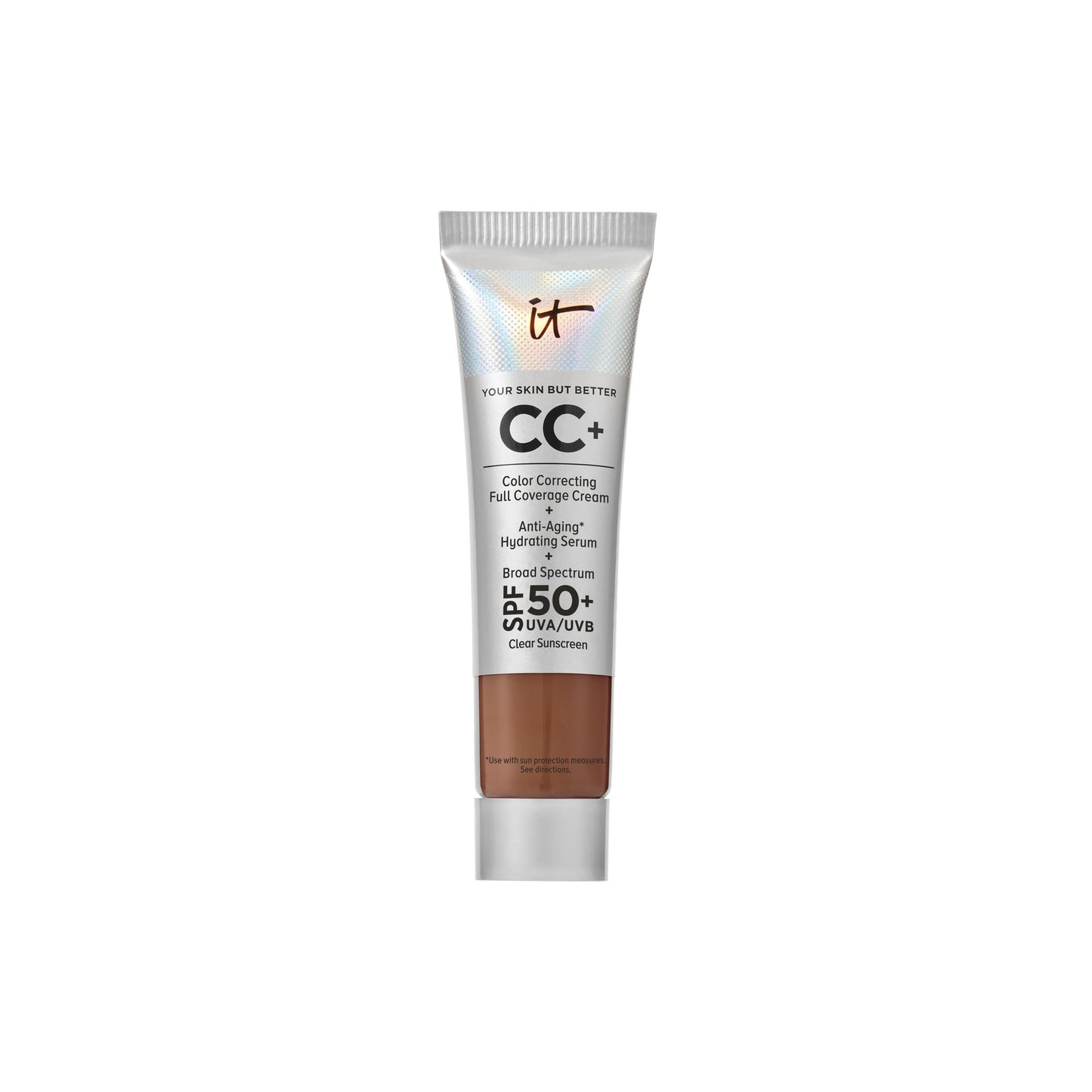 IT Cosmetics CC+ Cream Travel (Deep Honey) – Full-Coverage SPF 50+ Foundation with Hydrating Serum