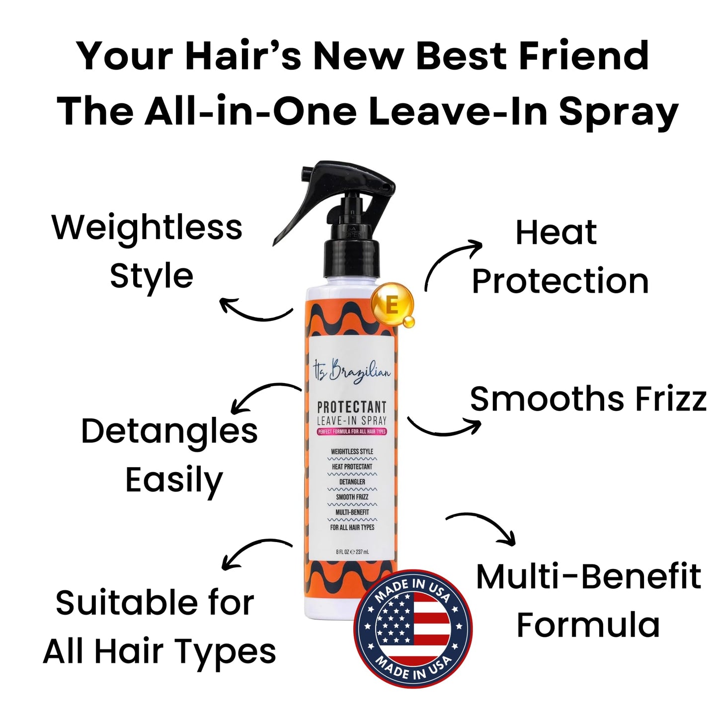 IT'S BRAZILIAN Leave In Conditioner Spray – Detangle, Hydrate & Frizz Control (All Hair Types) – Paraben Free