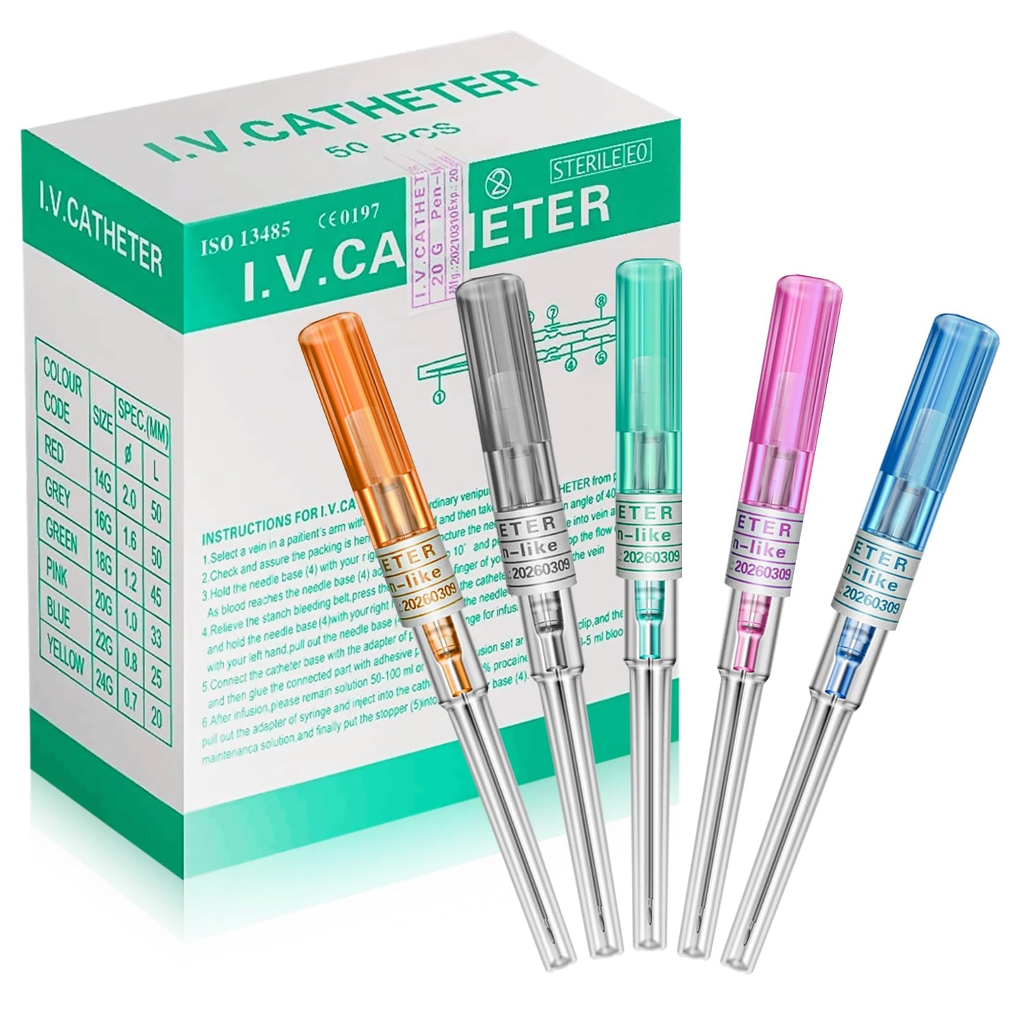 Jconly Professional Piercing Catheter Needles Kit 50PCS – 5 Sizes (14G–22G) | Sterilized, Pain-Free Design