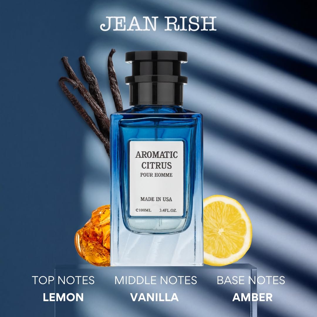 Jean Rish Aromatic Citrus Eau de Parfum for Men – Lemon, Vanilla & Amber, 3.4 fl oz / 100 ml, Made in USA