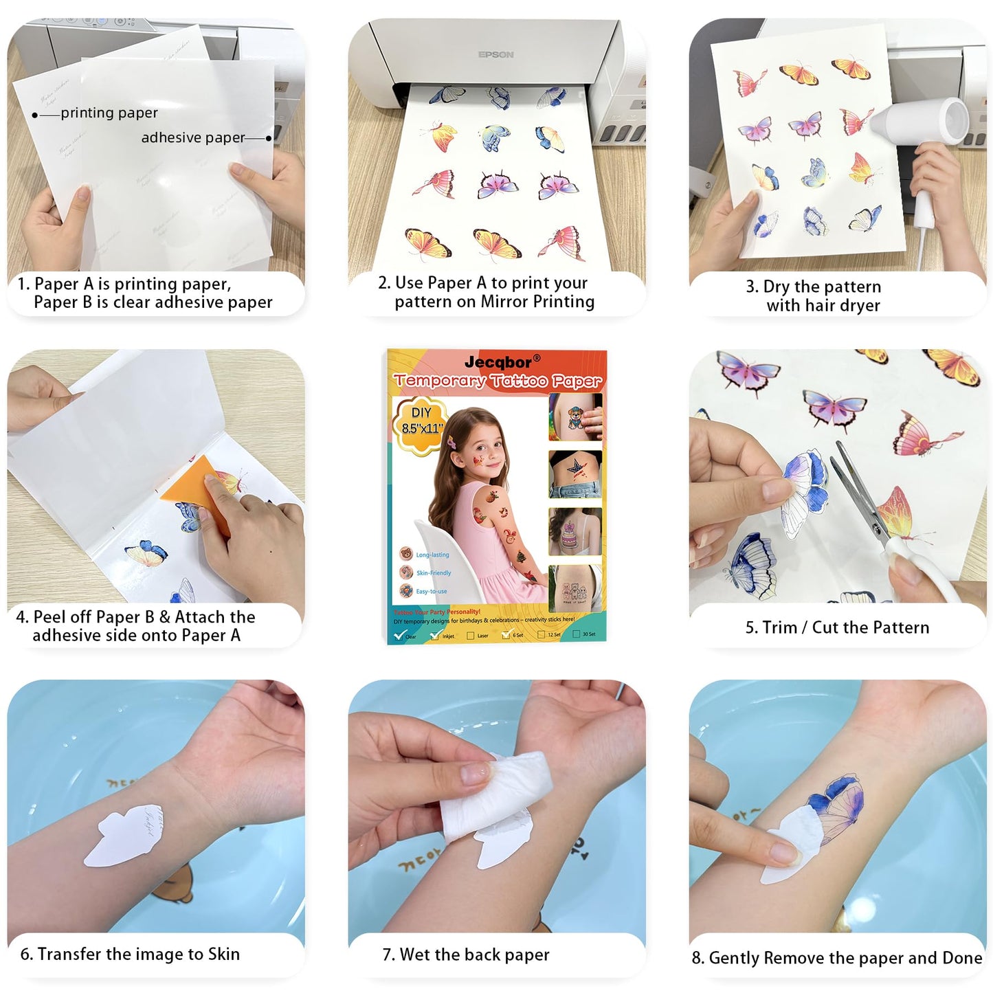 Jecqbor Printable Temporary Tattoo Paper for INKJET Printers — 30 Sets 8.5x11 Clear Transfer Paper