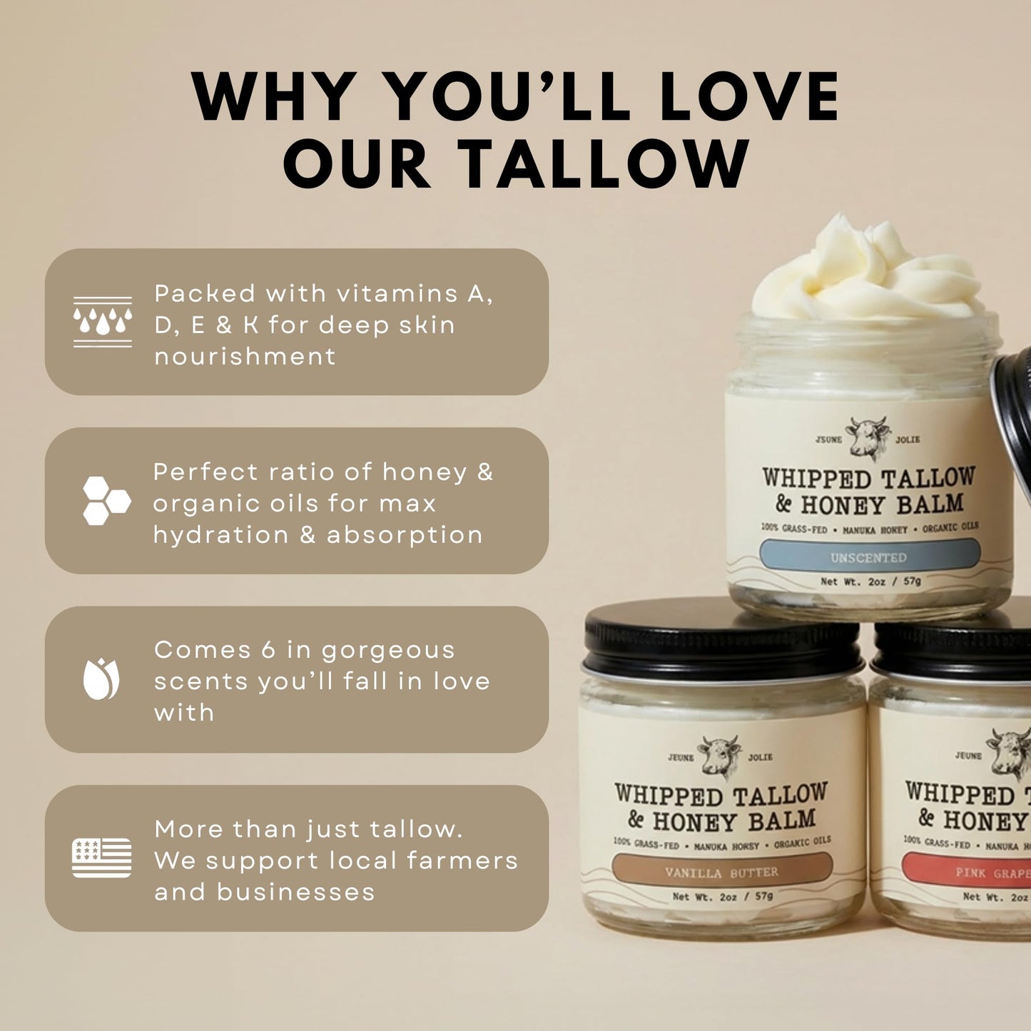 Jeune Jolie Whipped Grass-Fed Tallow Balm with Manuka Honey — Organic Jojoba, Unscented 2 oz