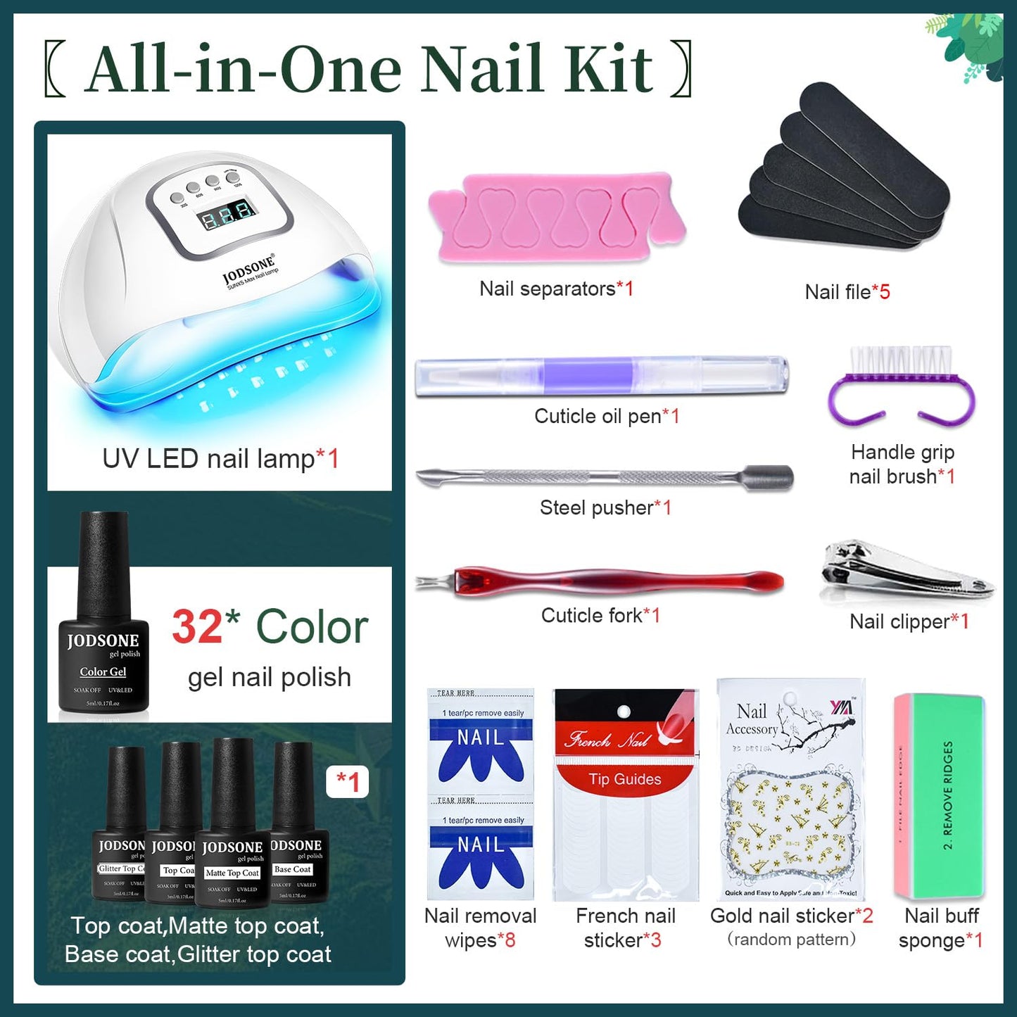 JODSONE 32 Color Gel Nail Polish Set with UV LED Light | Home Manicure Kit