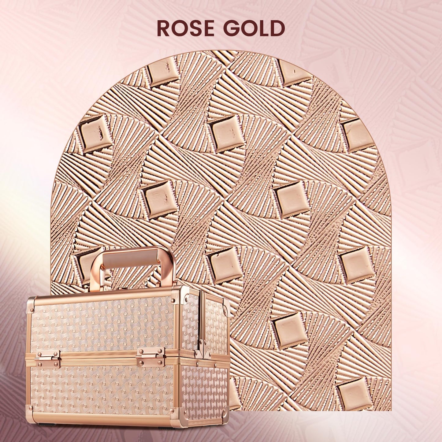 Joligrace Beauty Makeup Train Case – Rose Gold Portable Cosmetic Box with Mirror, 2-Tier Trays, Lockable