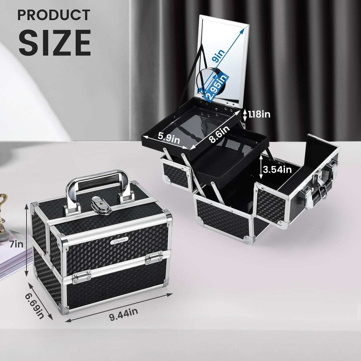 Joligrace Makeup Box with Mirror – 2-Tier Train Case, Portable & Lockable