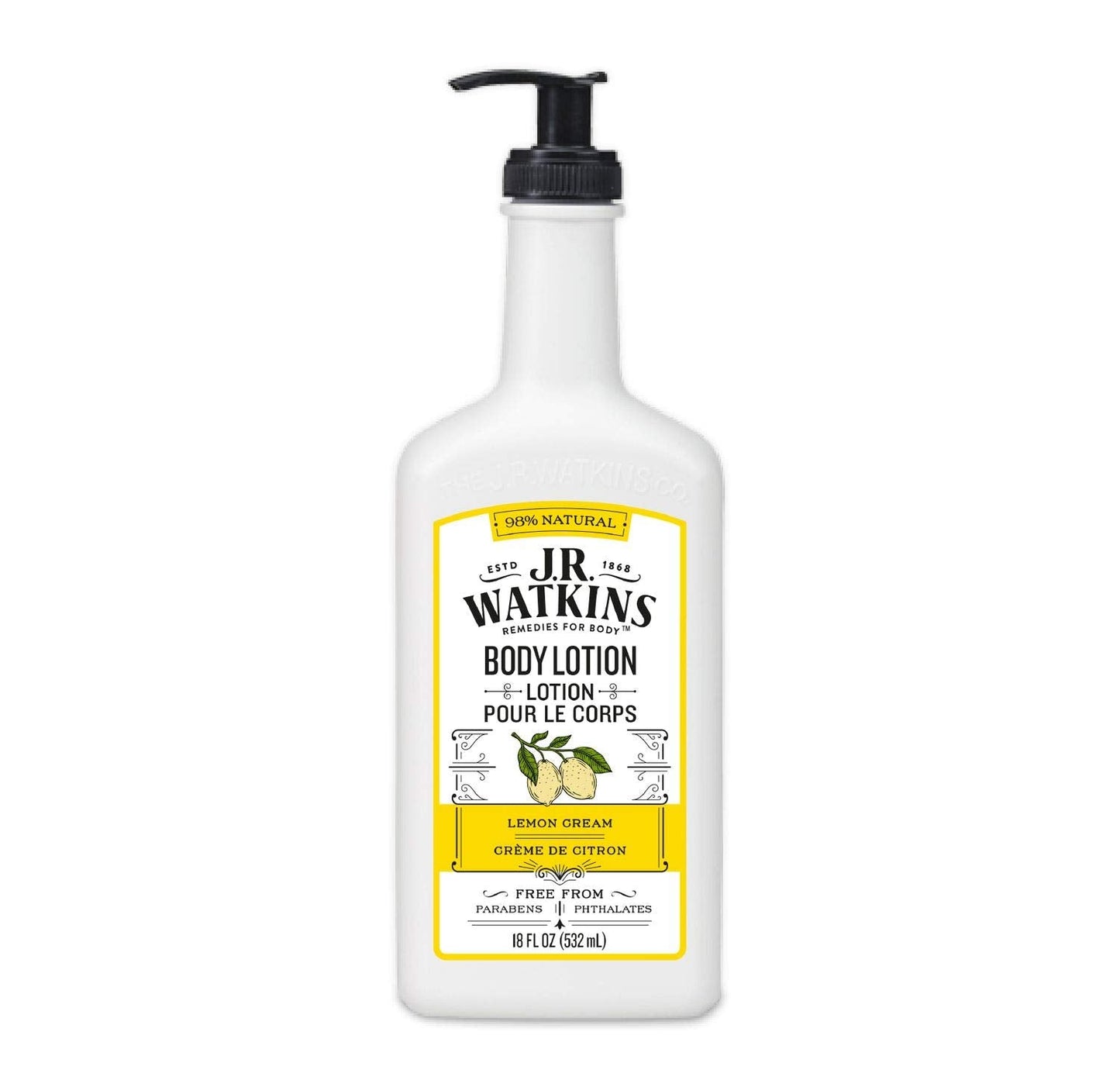 J.R. Watkins Daily Moisturizing Lotion — Hydrating Body Cream with Shea & Cocoa Butter, Lemon Cream, 18 oz Pump
