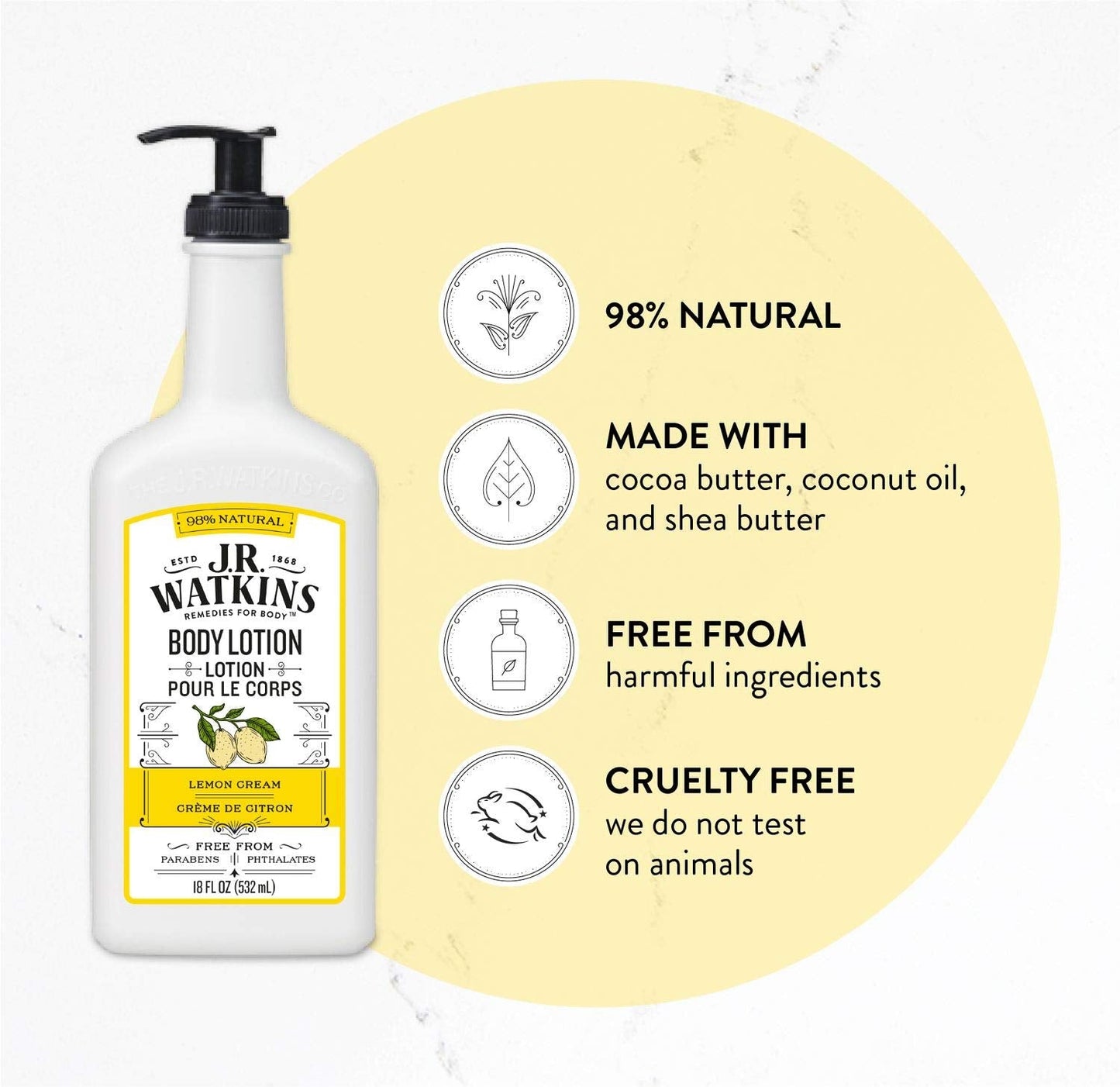 J.R. Watkins Daily Moisturizing Lotion — Hydrating Body Cream with Shea & Cocoa Butter, Lemon Cream, 18 oz Pump