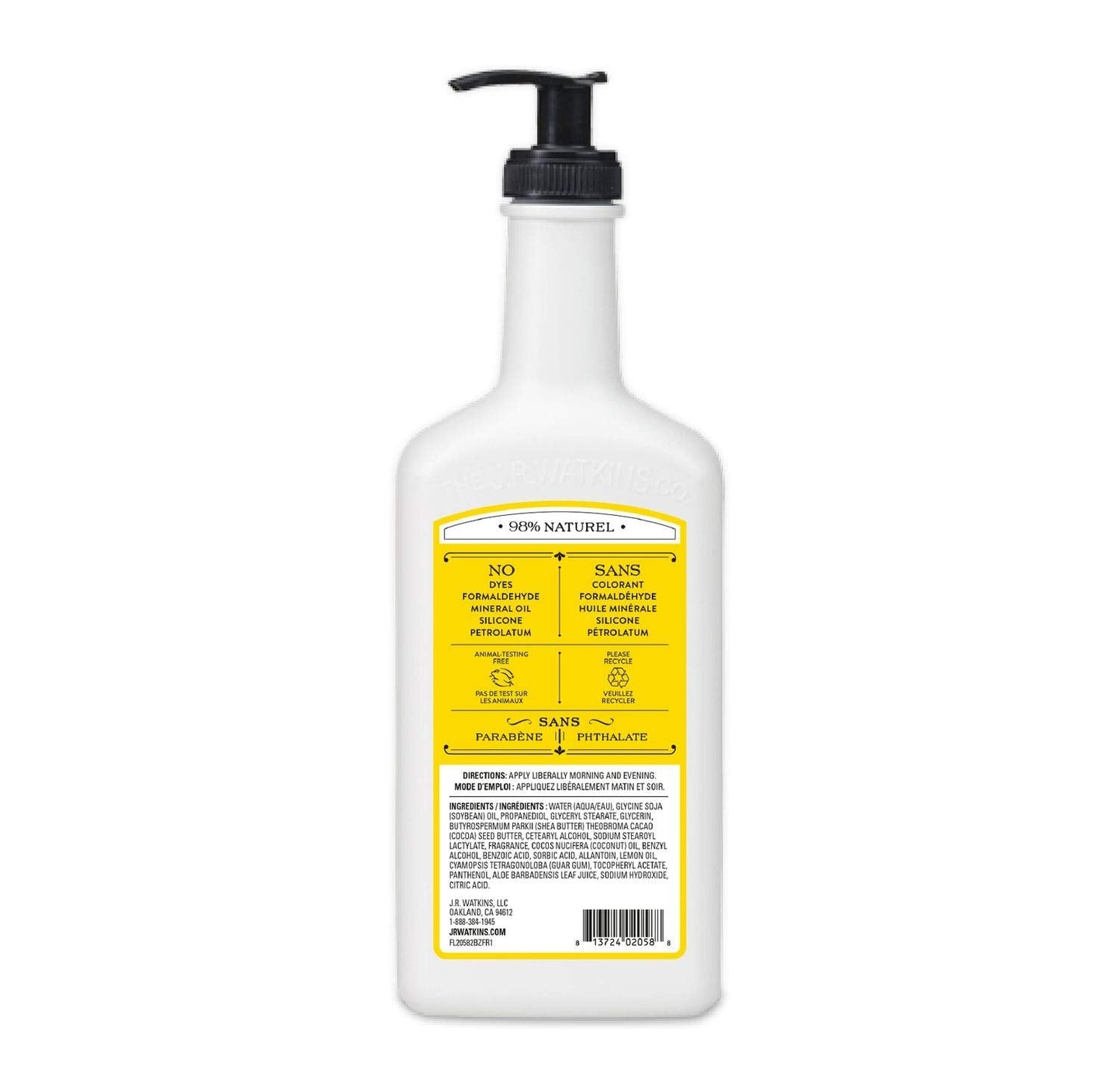 J.R. Watkins Daily Moisturizing Lotion — Hydrating Body Cream with Shea & Cocoa Butter, Lemon Cream, 18 oz Pump