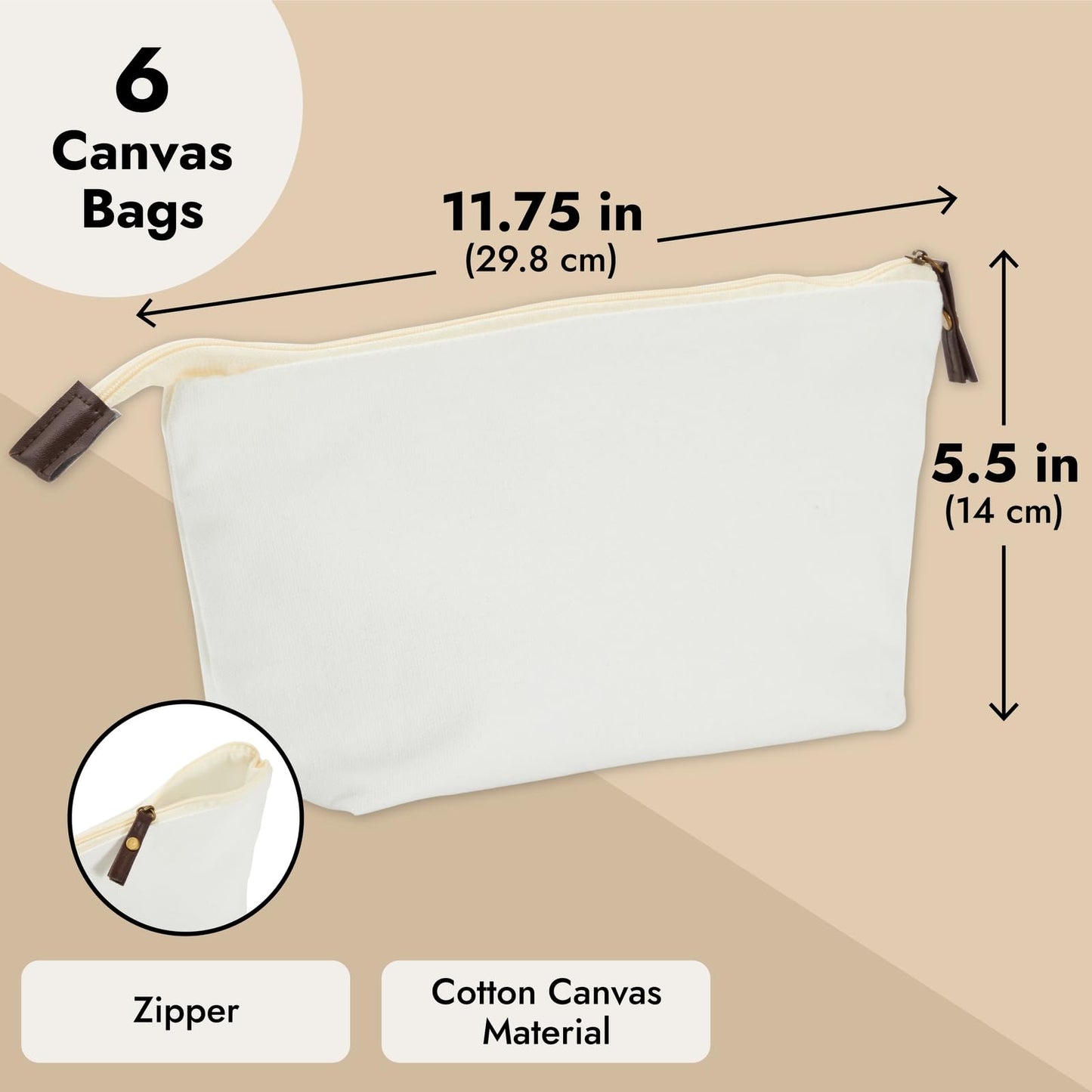 Juvale Canvas Makeup Bag 12 Pack – 11.75 x 5.5 in White Cotton Zipper Pouches