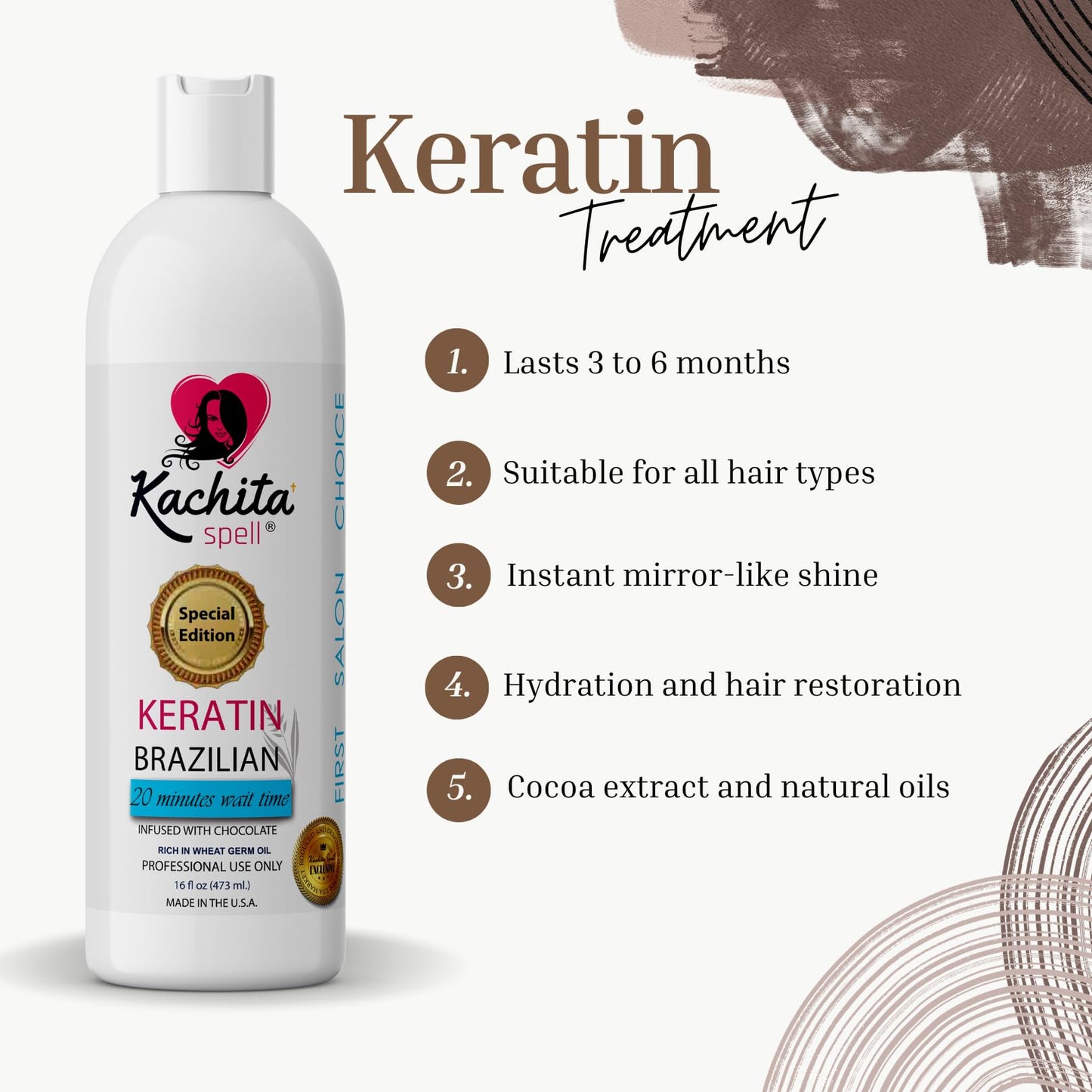 Kachita Spell Brazilian Keratin Treatment Chocolate – Long-Lasting Smoothing for All Hair Types, Made in USA, 16 fl oz