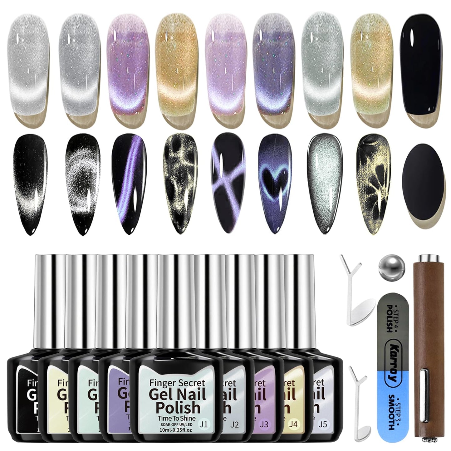 Karroy Cat Eye Gel Nail Polish Set – 9-Color Holographic Magnetic Kit, Soak-Off, UV/LED