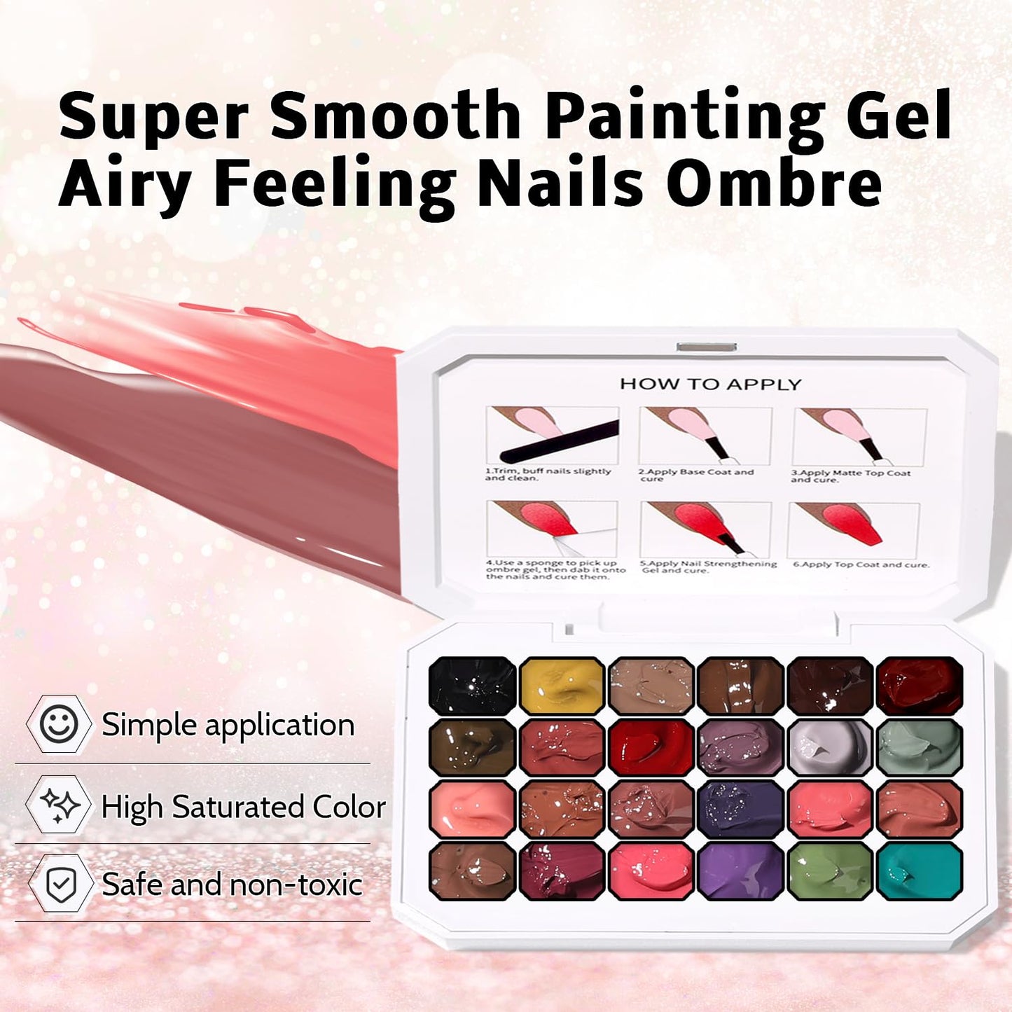 Karroy 24 Colors Sponge Pat Paint Nail Gel – Ombre Nail Art, UV/LED Cure, No Wipe