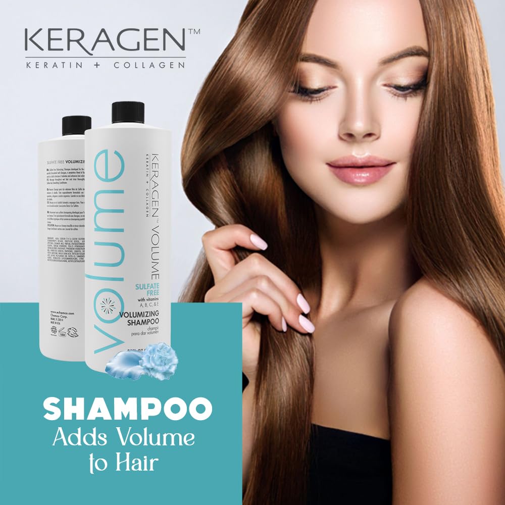 KERAGEN Volumizing Shampoo for Fine Hair with Keratin, Collagen & Organic Oils | Sulfate Free 32 oz
