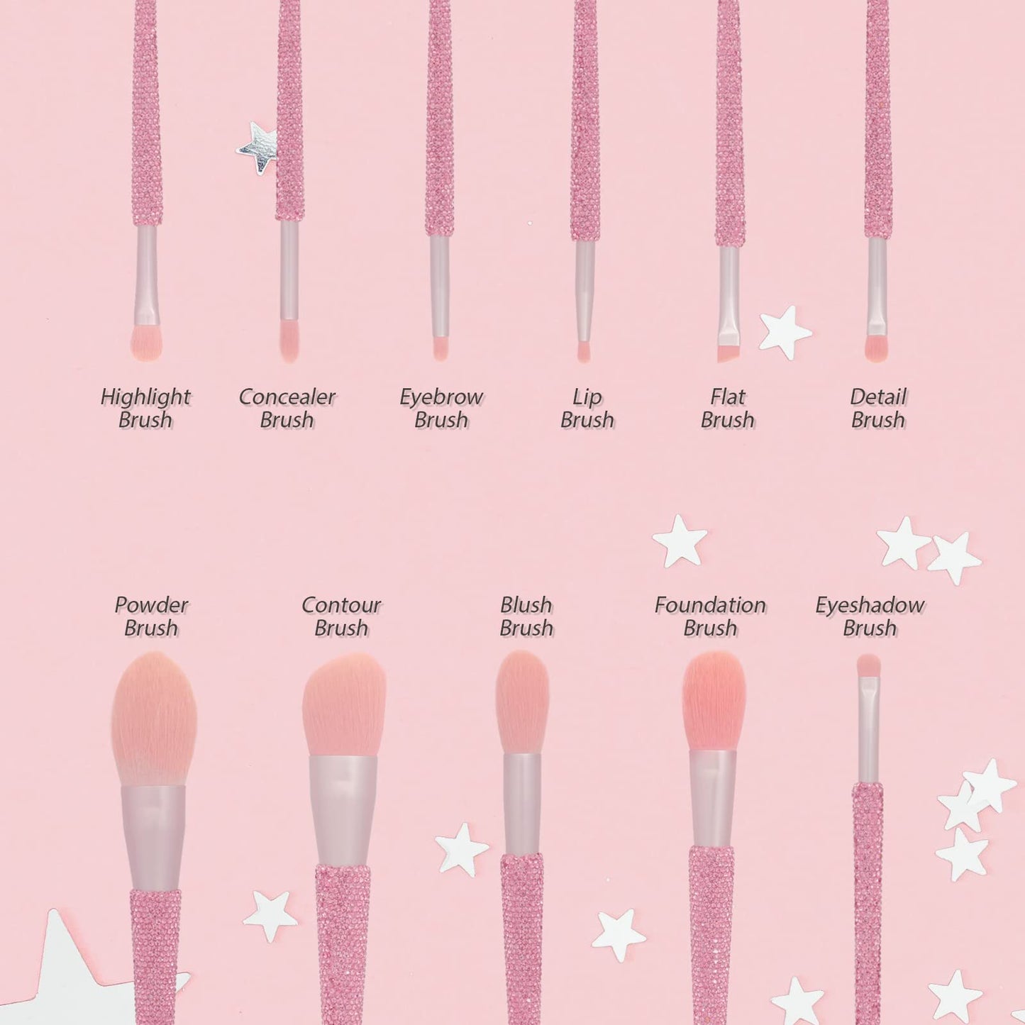 KEYPOWER 11-Piece Professional Makeup Brush Set with Rhinestones – Pink