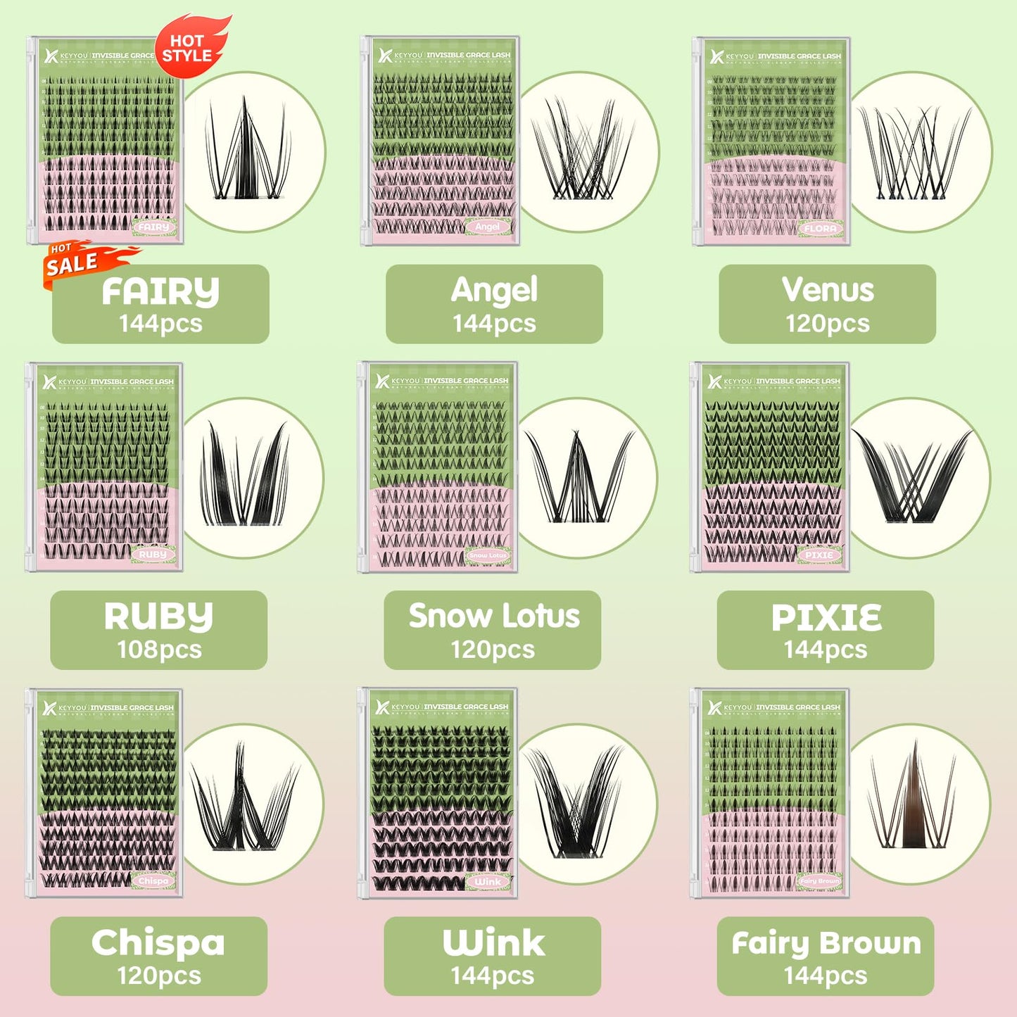 KEYYOU Angel Lash Clusters Kit – D Curl 144Pcs, Invisible Band, Waterproof DIY Lash Kit