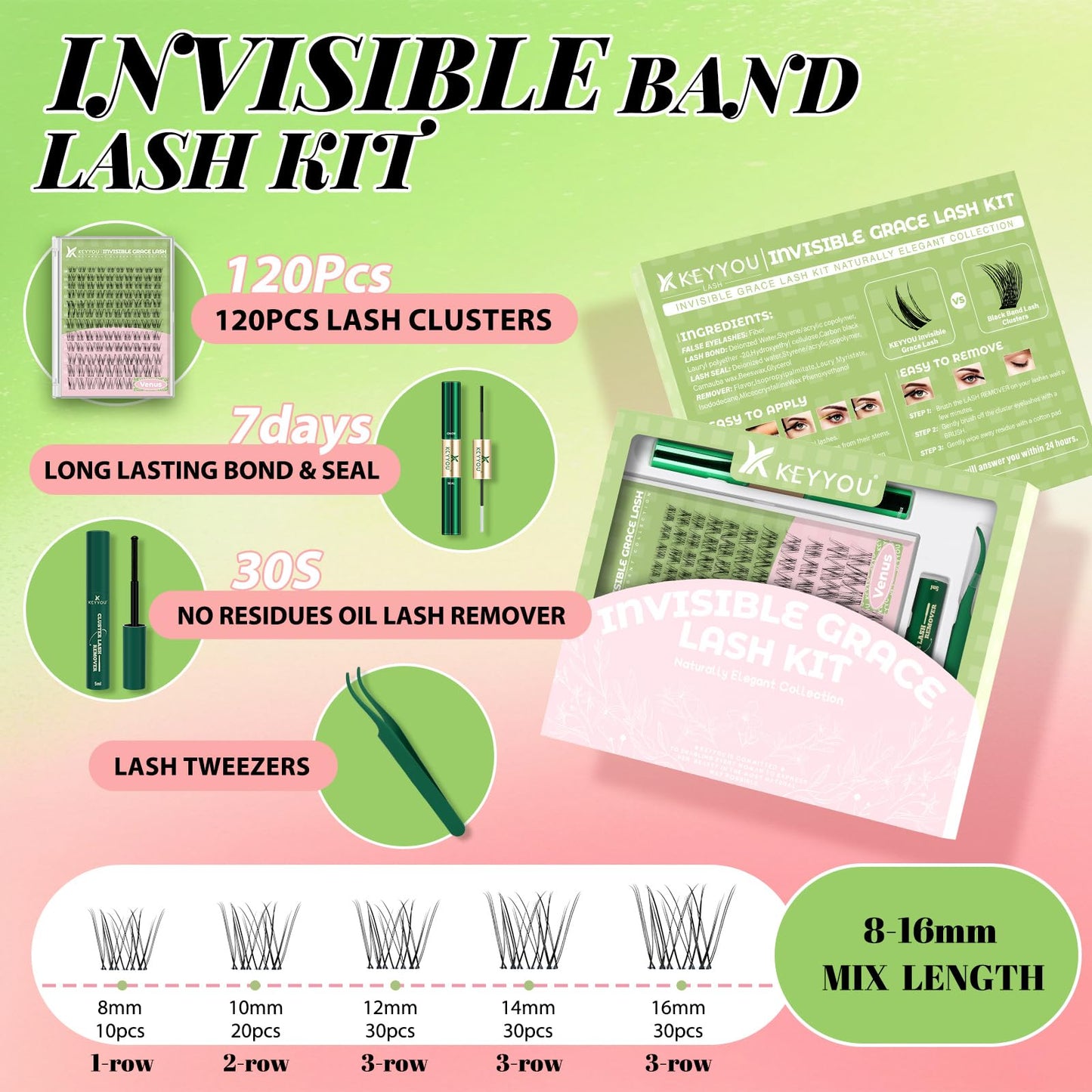 KEYYOU Venus Lash Clusters Kit – Invisible Band, C Curl 8-16 Mix, 120 Pcs for DIY Lash Extensions