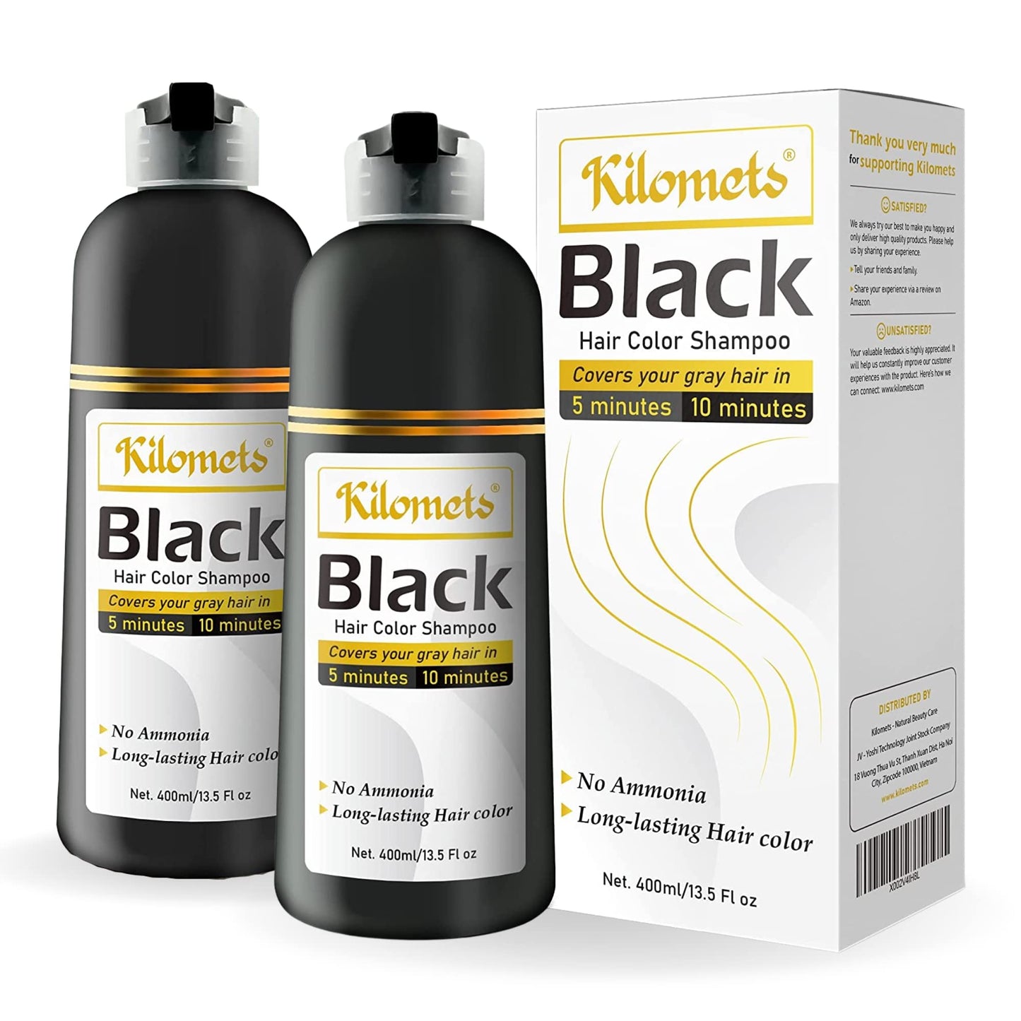 Kilomets Black Hair Dye Shampoo Pack 2 – 100% Grey Coverage in Minutes, Ammonia Free at Home