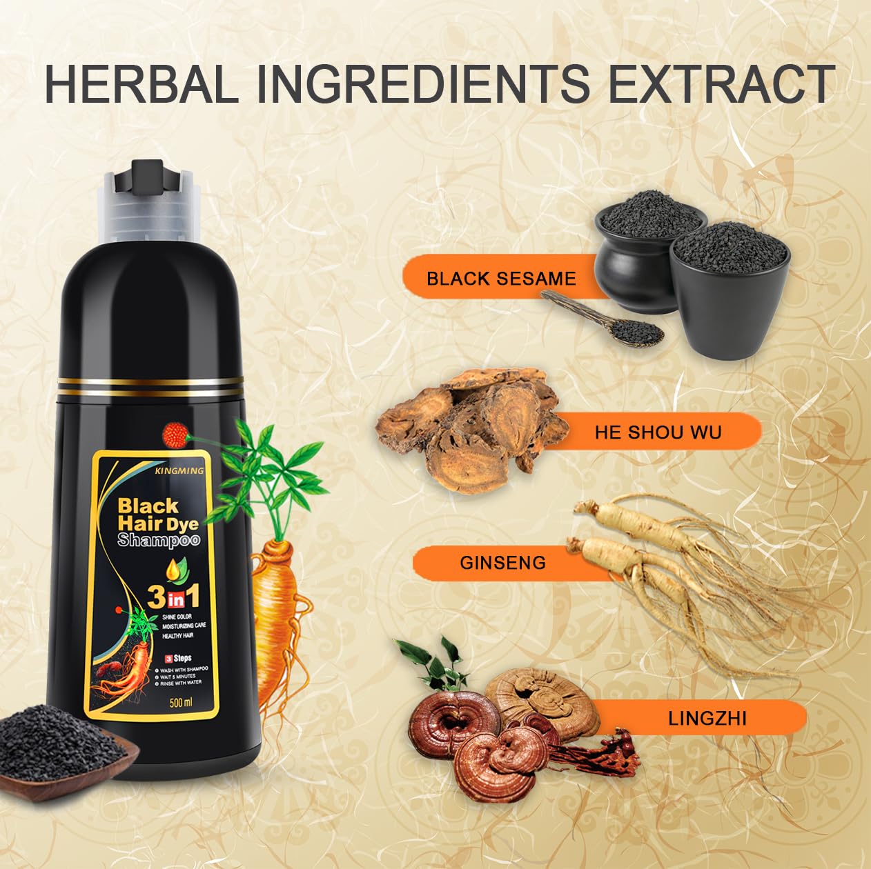 KINGMING Black Hair Dye Shampoo – 3 in 1 Herbal Color for 100% Gray Coverage (500ml)