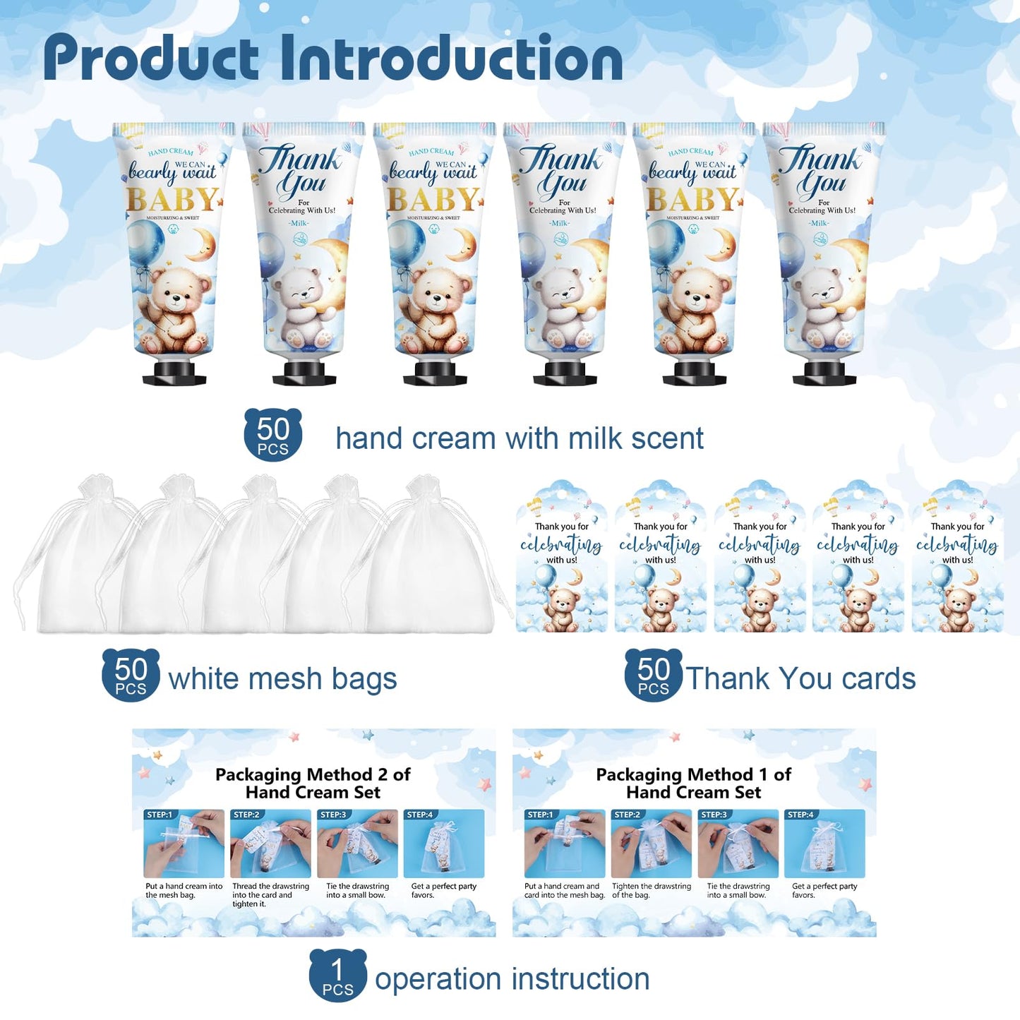 KONEUK 50-Pack Baby Shower Hand Cream Gifts Sets with Thank You Cards & Organza Bags | Bulk Favors for Guests