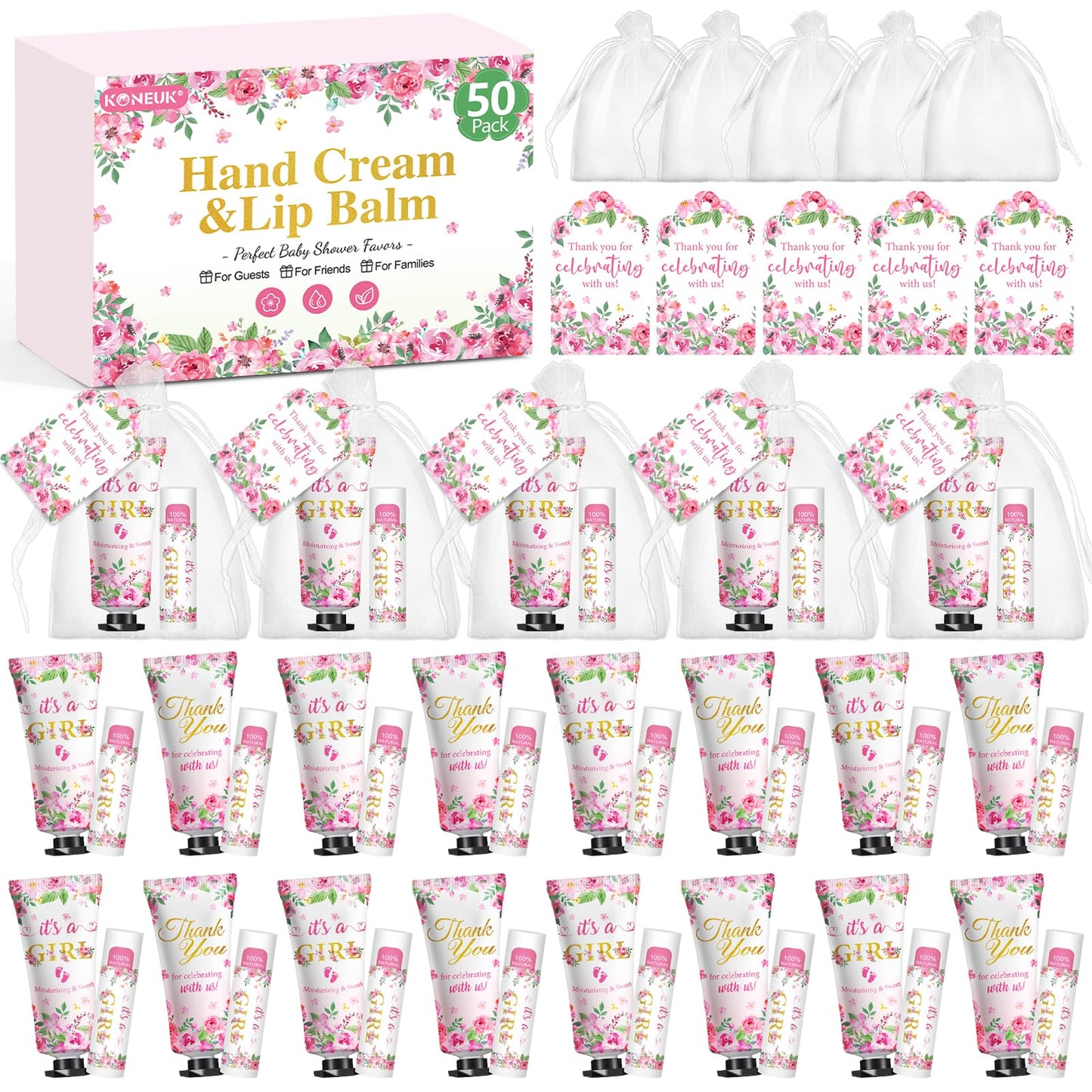 KONEUK 50 Pack Hand Cream & Lip Balm Gifts Sets for Baby Showers
