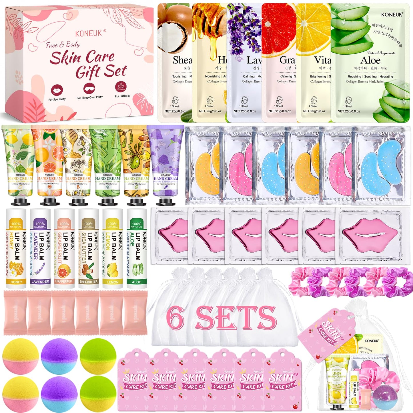 KONEUK 60-Pcs Spa Party Supplies for Girls – Masks, Creams & Lip Care for Sleepovers