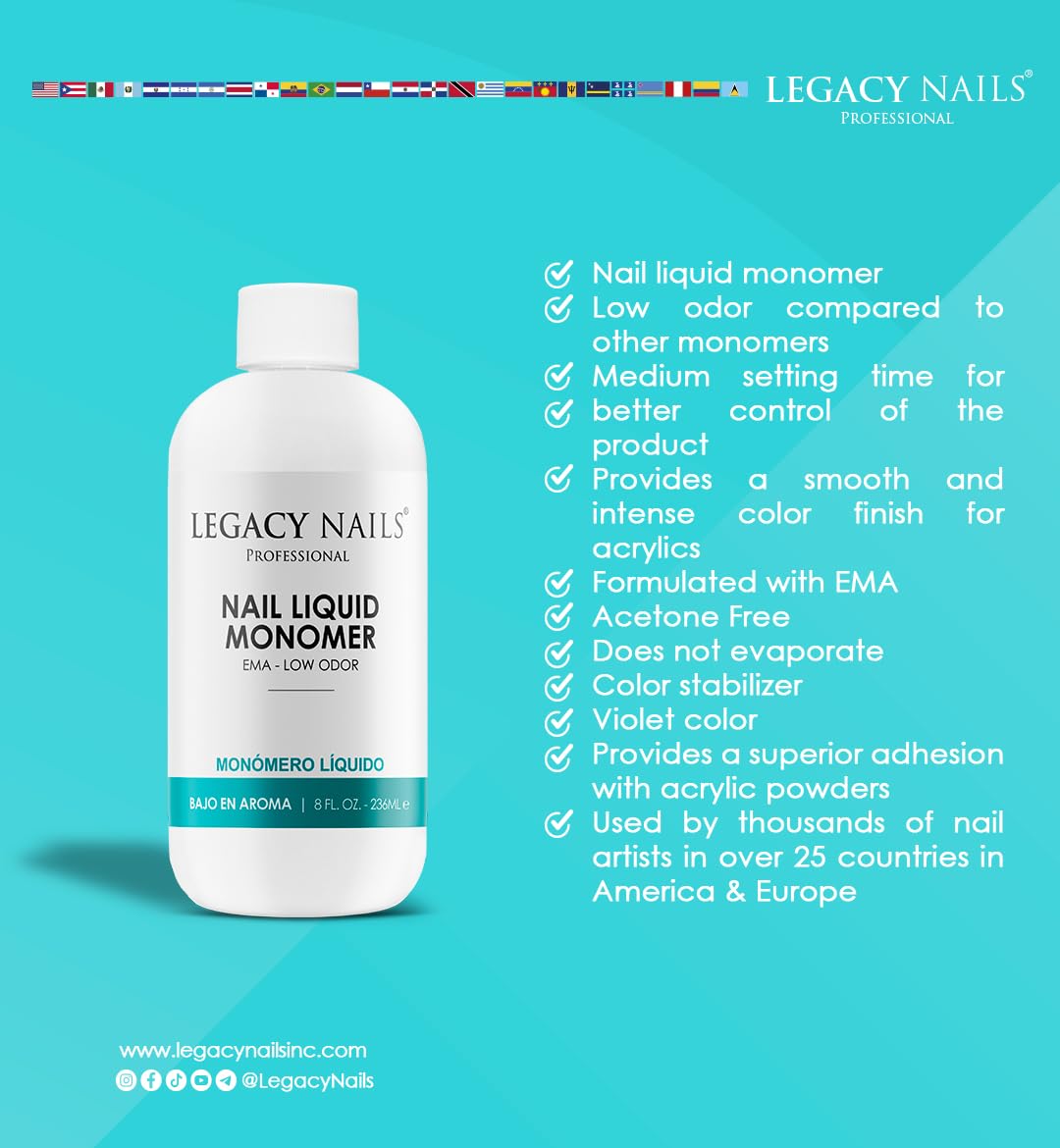 Legacy Nails Professional Nail Liquid Monomer – MMA-Free, Low Odor, Acetone-Free, 236ml for Extensions & Sculpting