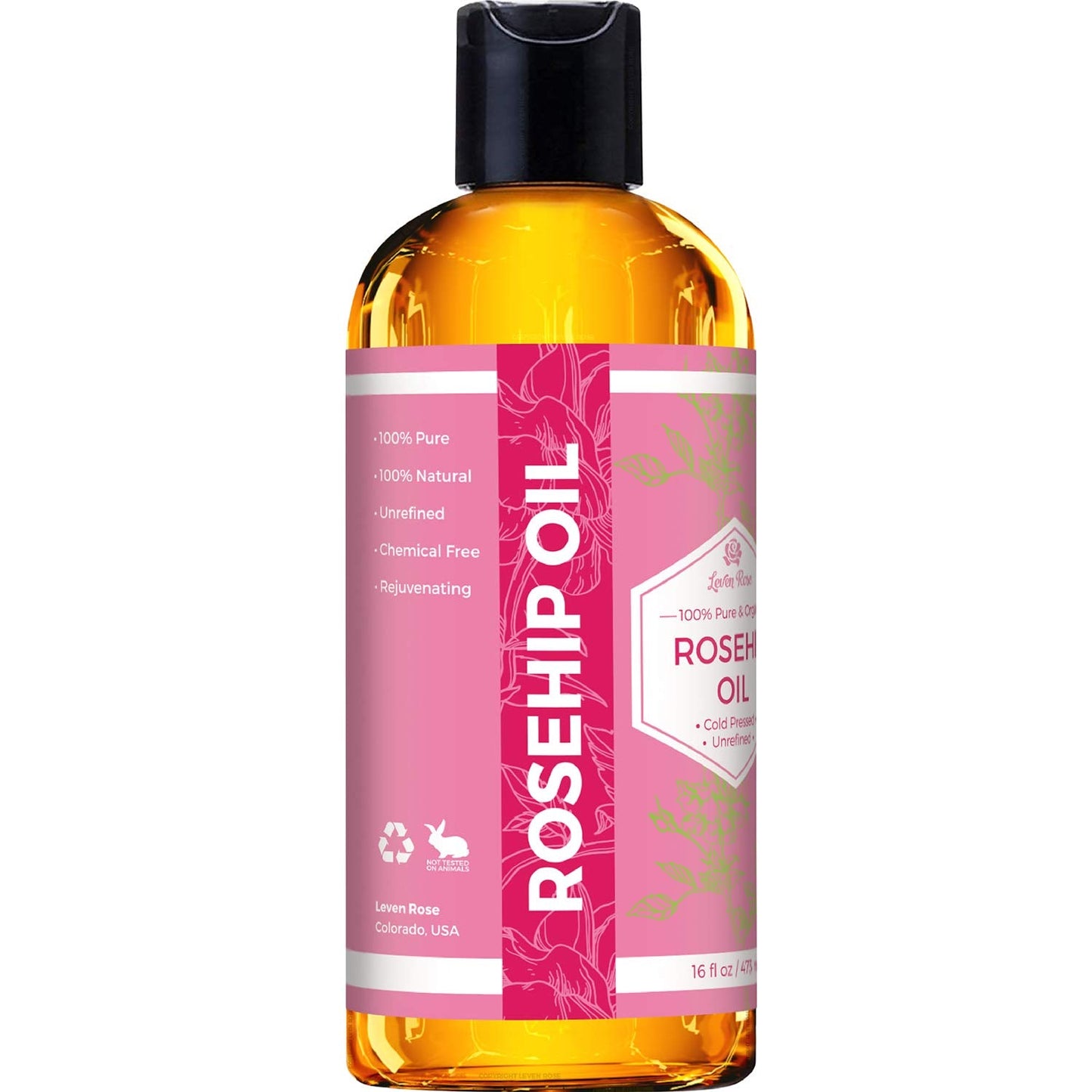 Leven Rose Rosehip Seed Oil 16 oz – Pure, Unrefined Cold-Pressed Rosehip Oil for Face, Body, Hair & Nails