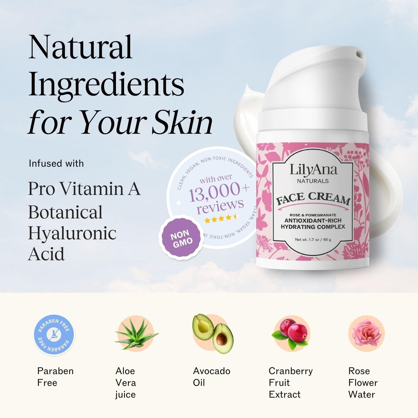 LilyAna Naturals Face & Neck Moisturizer – Rose & Pomegranate Extracts (1.7oz)