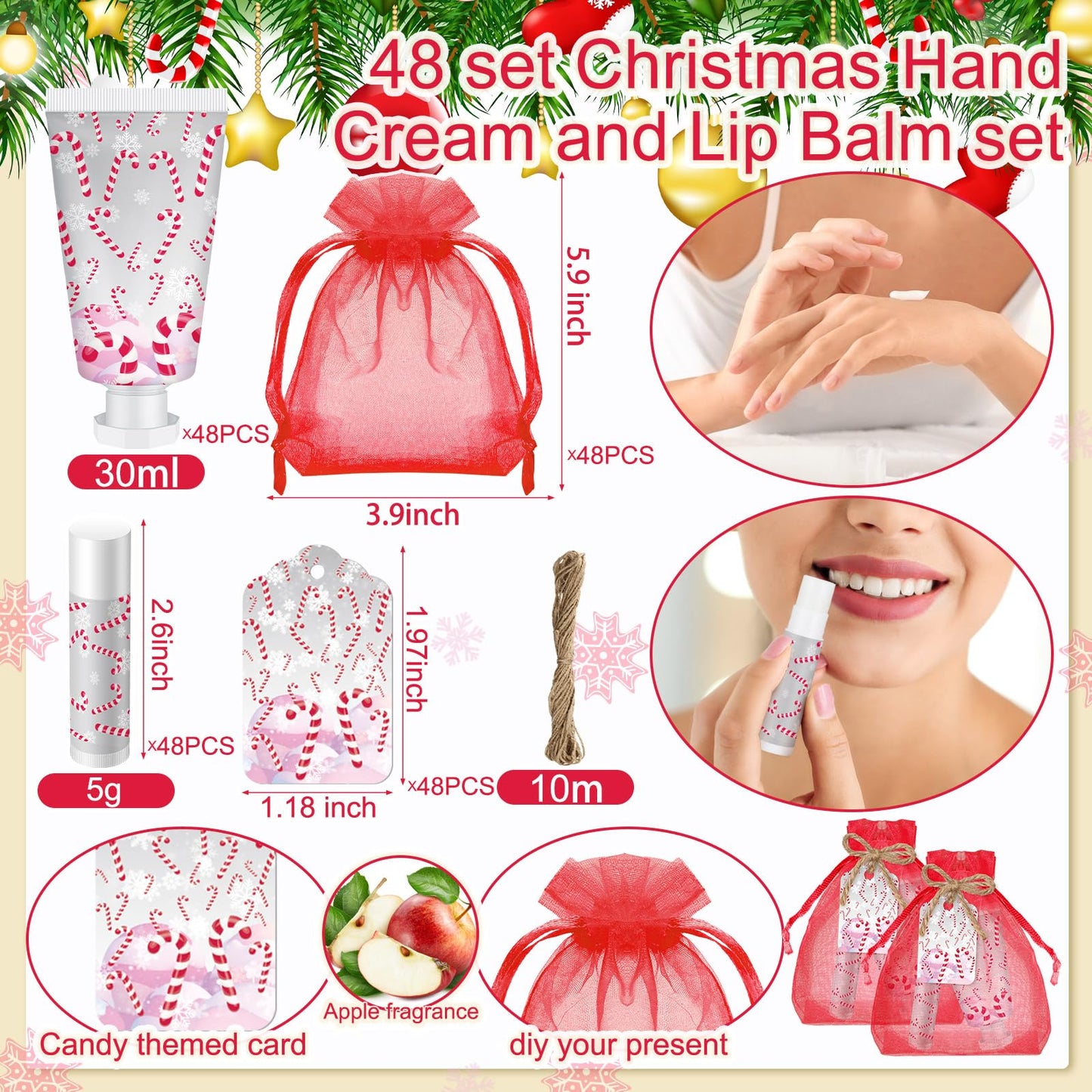 Linyuthia 48-Set Candy Cane Hand Cream & Lip Balm Gift Set