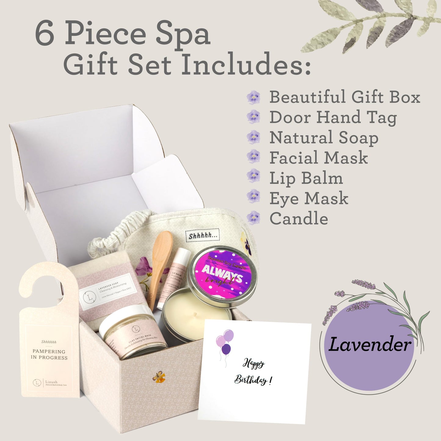 Lizush Luxury Lavender Spa Kit – 6-Piece Self-Care Gift Set for Women | Handmade in USA