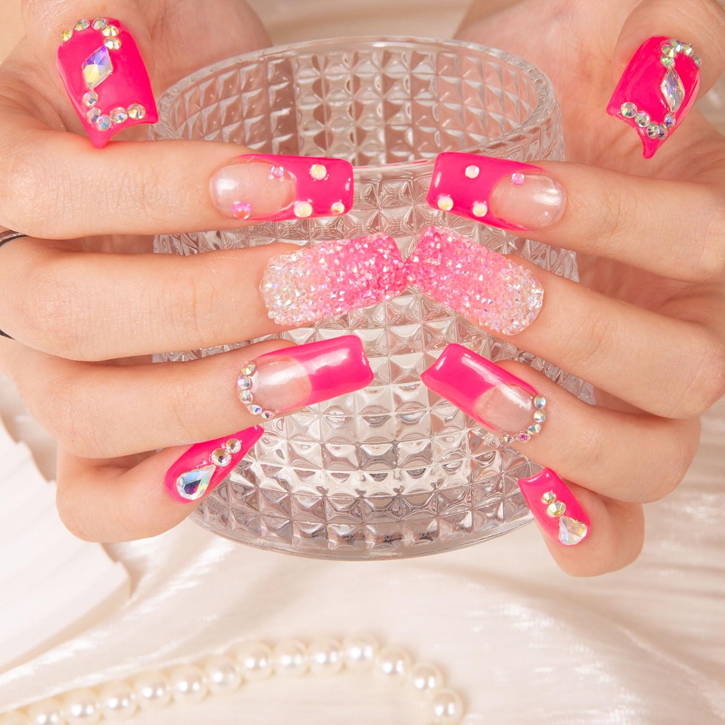 LOVFUL Press on Nails Pink Typhoon | Crystal Full-Cover Set, Reusable Square 1.0 in | H38-L