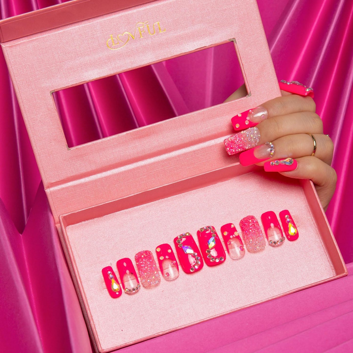 LOVFUL Press on Nails Pink Typhoon | Crystal Full-Cover Set, Reusable Square 1.0 in | H38-L