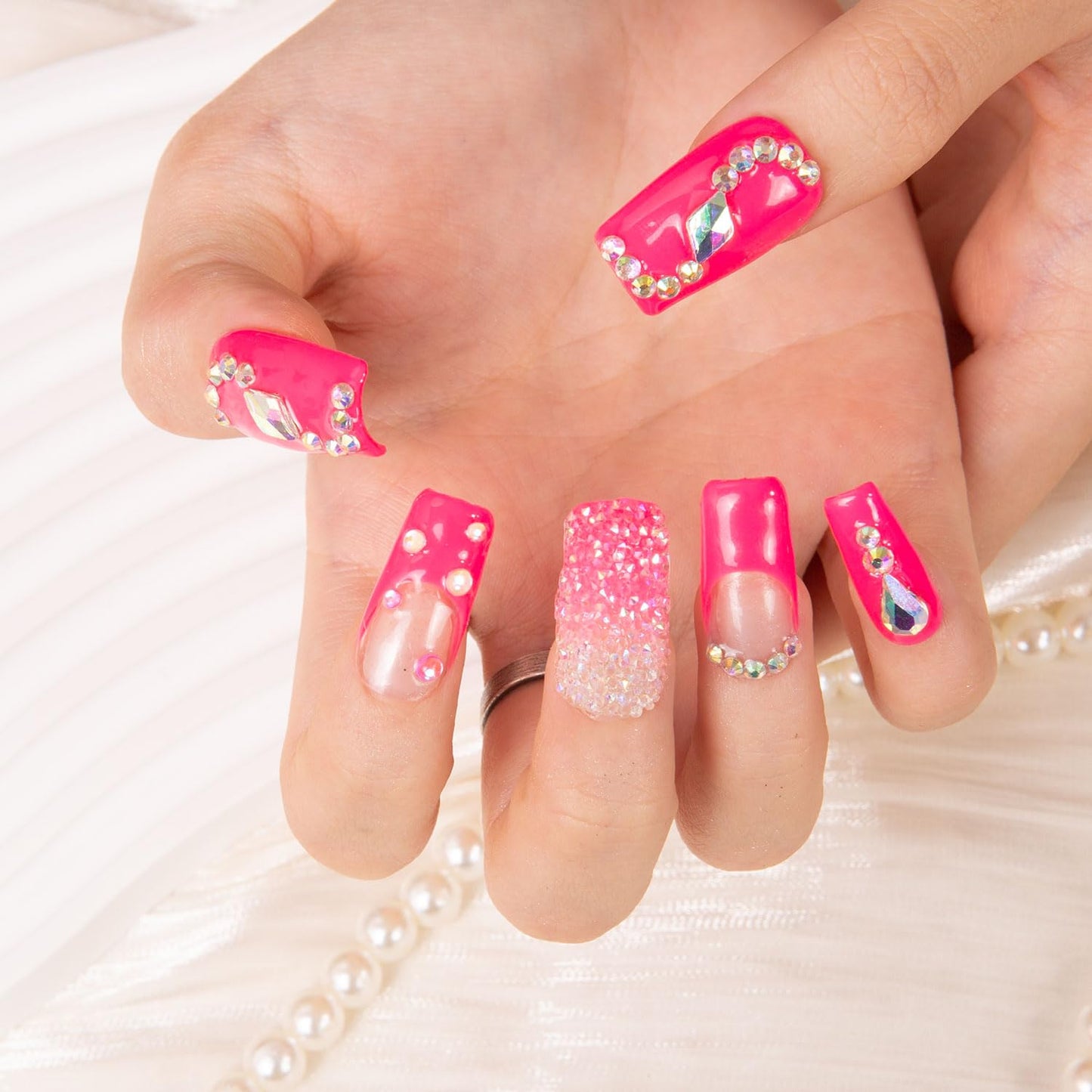 LOVFUL Press on Nails Pink Typhoon | Crystal Full-Cover Set, Reusable Square 1.0 in | H38-L