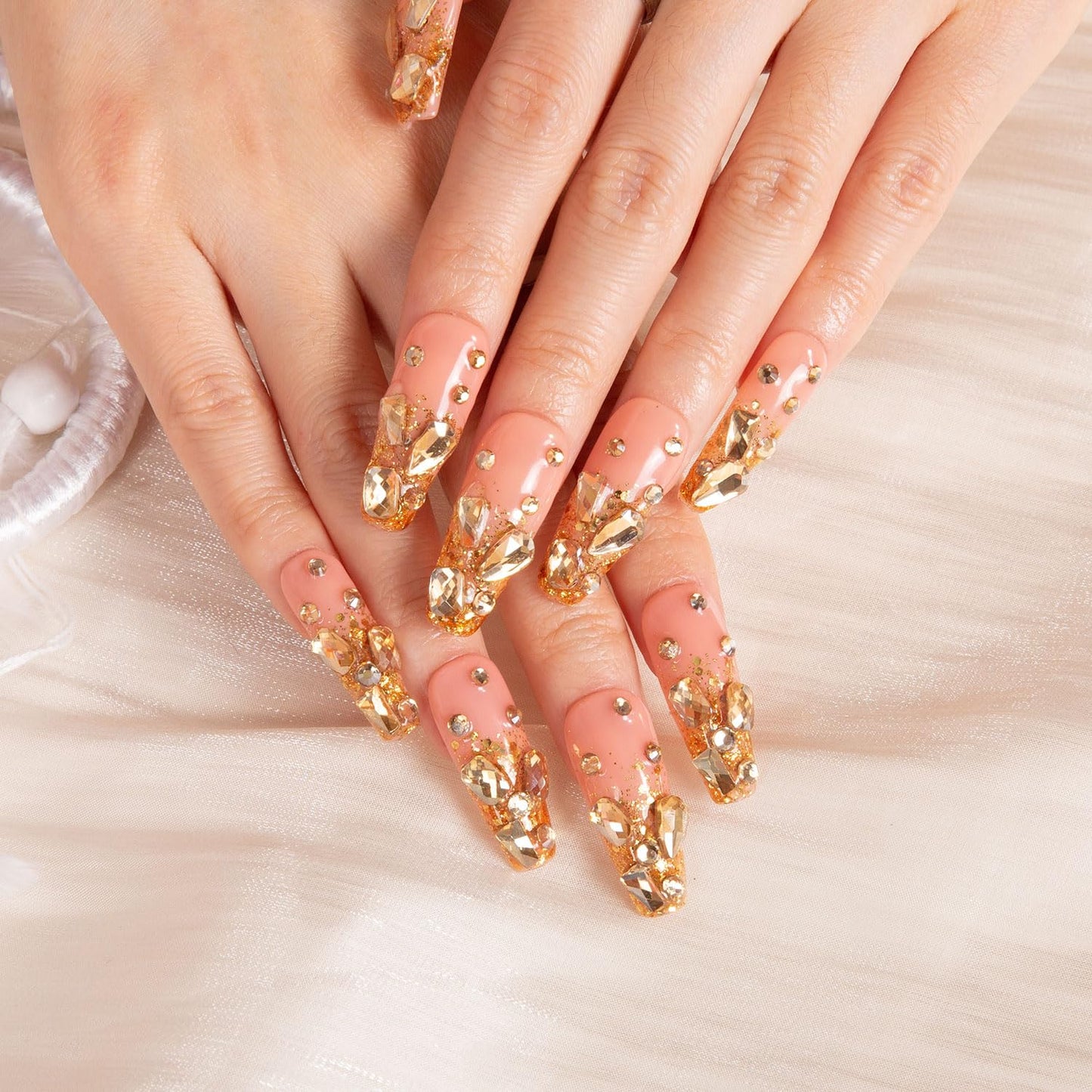 LOVFUL Press on Nails Stardust Gold Rhinestone – Reusable Full Cover Coffin Nails 1.3 in | Handmade