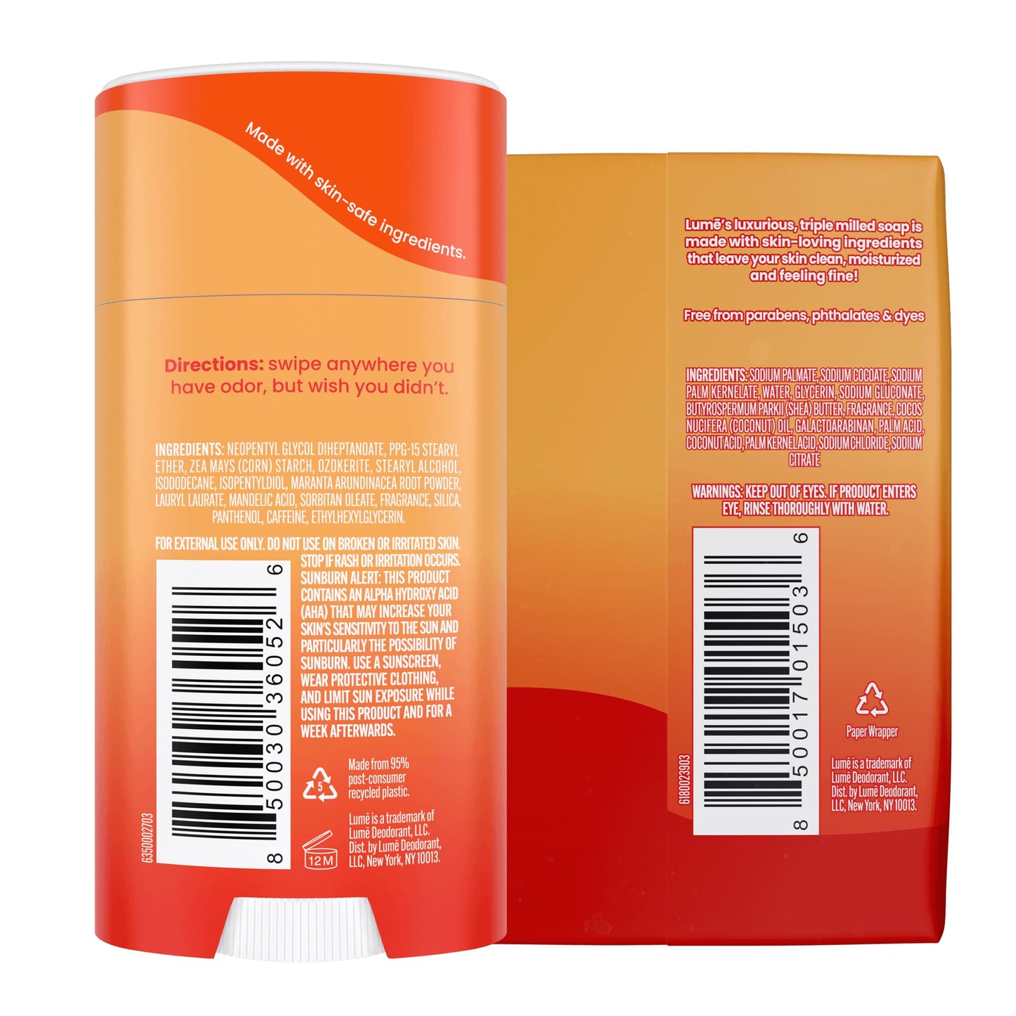 Lume Whole Body Deodorant & Soap – Clean Tangerine Bundle (2x 2.6oz Sticks + 2x 5oz Soaps) Aluminum & Baking Soda Free