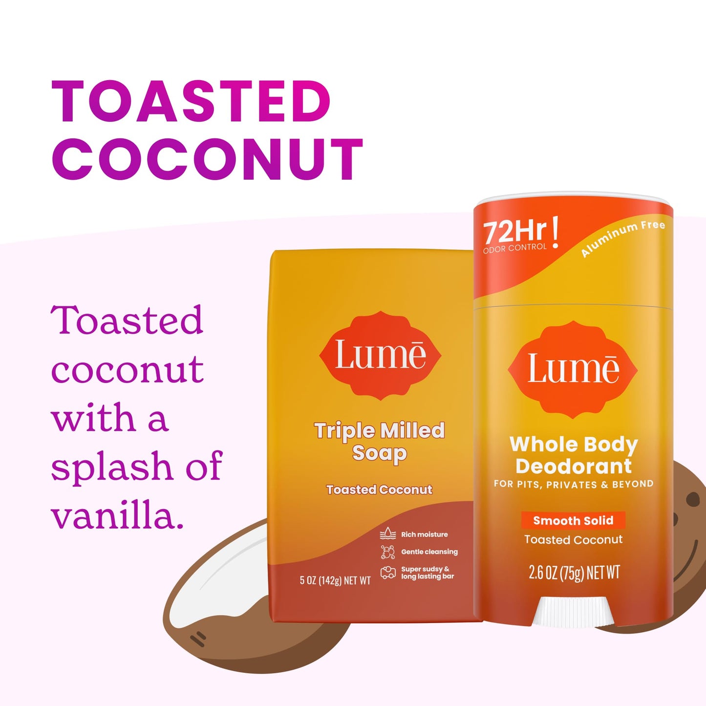 Lume Whole Body Deodorant & Soap – Aluminum-Free, Baking Soda Free, Toasted Coconut (2x 2.6 oz Sticks + 2x 5 oz Soaps)