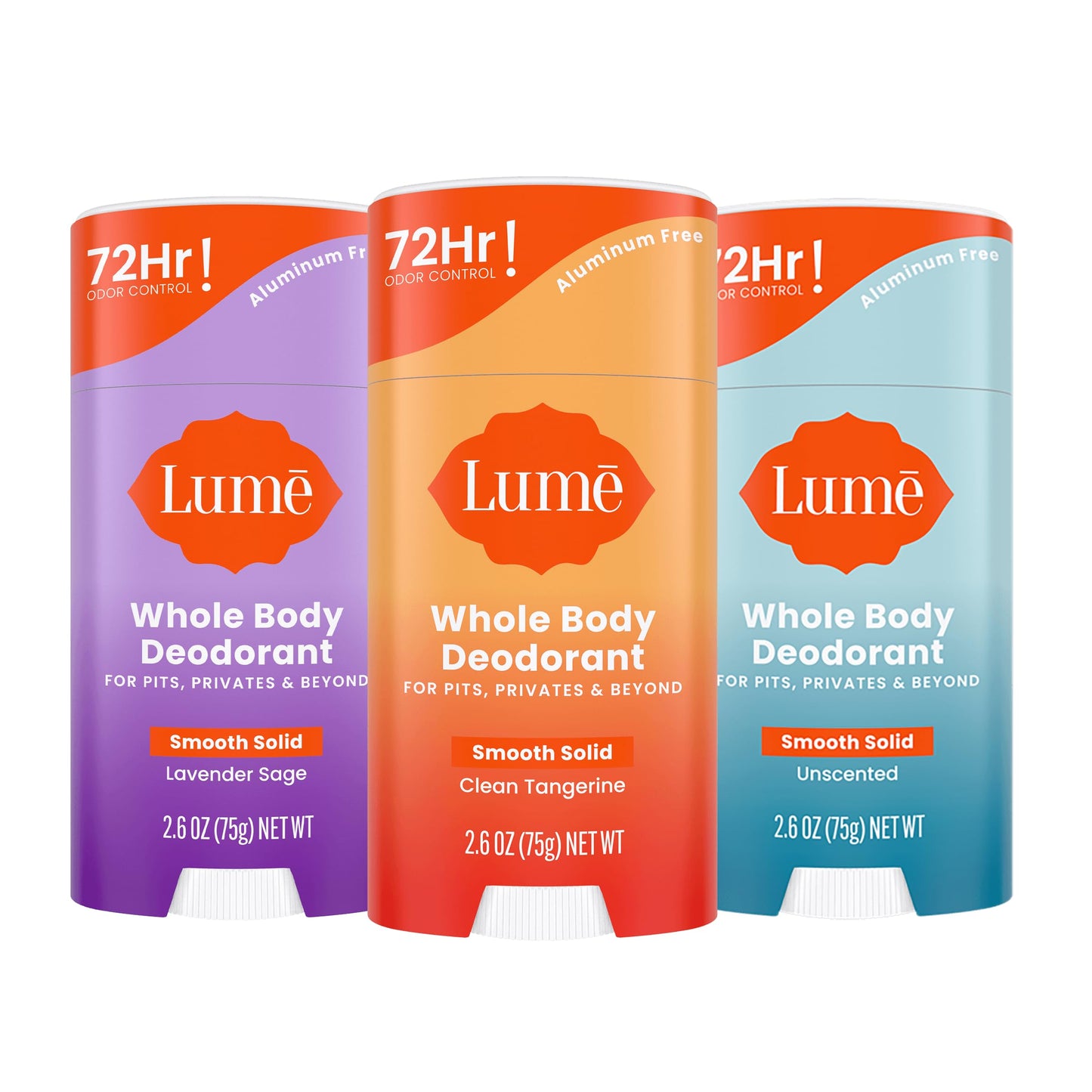 Lume Whole Body Deodorant 3-Pack — Aluminum & Baking Soda Free, 72-Hour Odor Control (Clean Tangerine, Lavender Sage, Unscented)