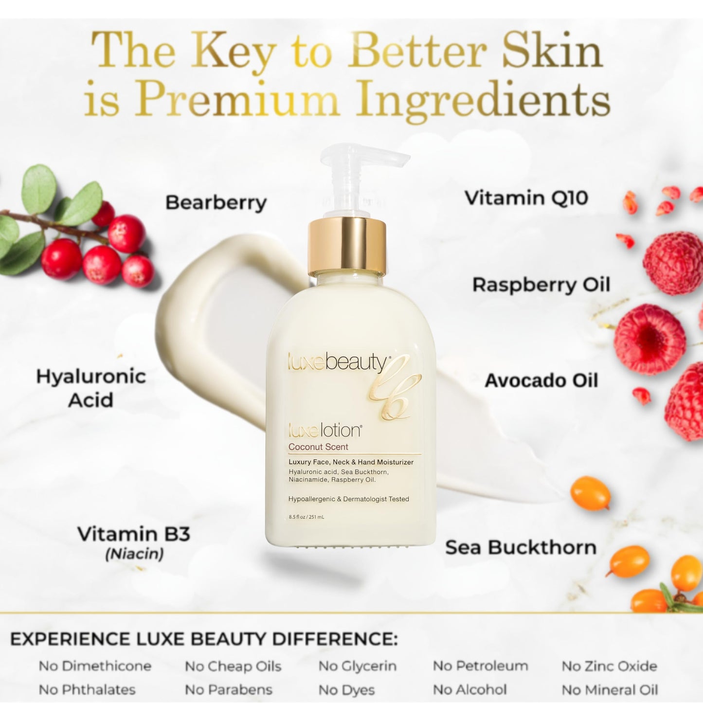 LUXELOTION Non-Greasy Moisturizer for Face, Neck & Hands | Coconut-Scented Hyaluronic Acid Lotion by LUXEBEAUTY