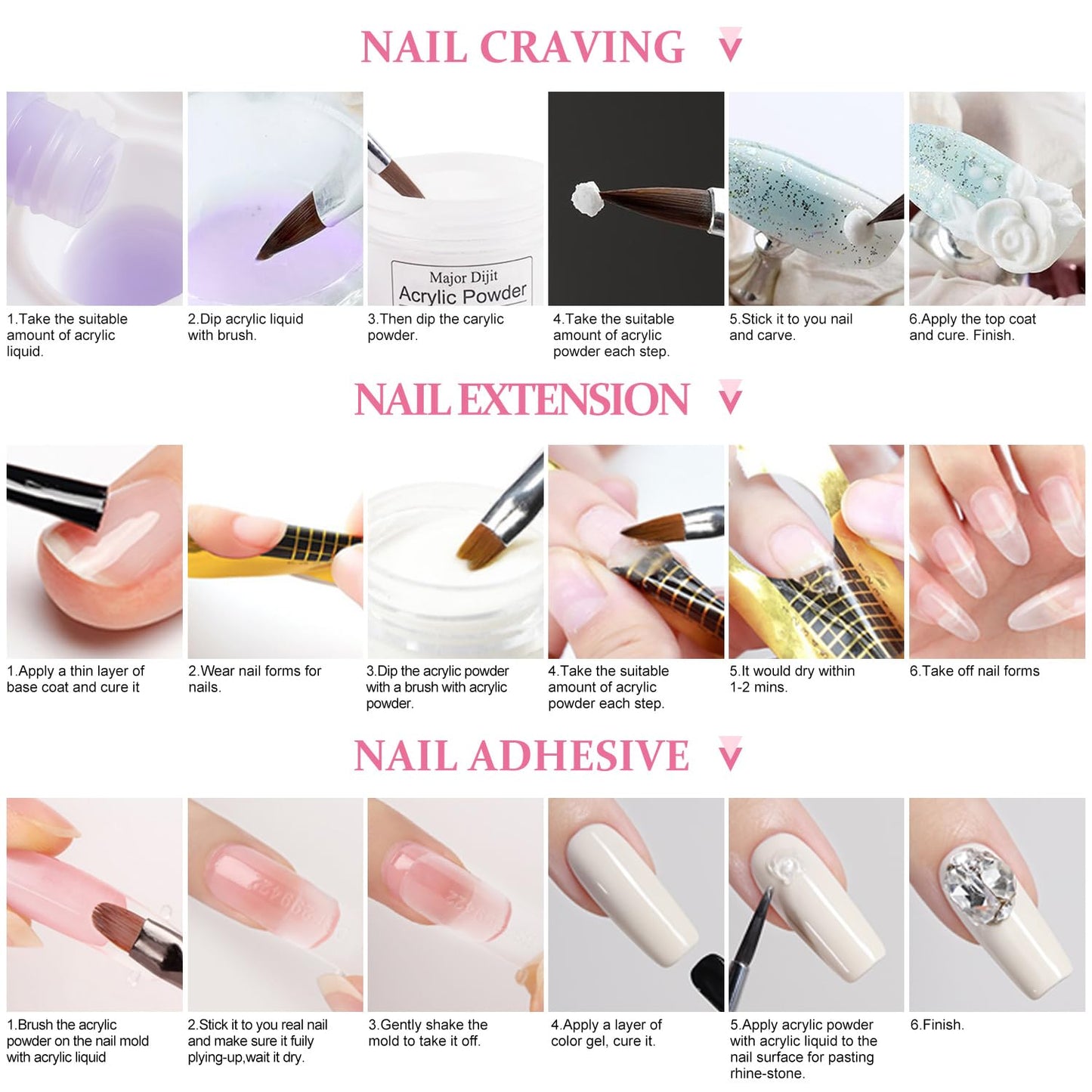 Major Dijit Acrylic Nail Kit Starter Set — Seasons Color-B1: White Pink Clear Powders, Gel Polish, UV Lamp, Beginner Tools