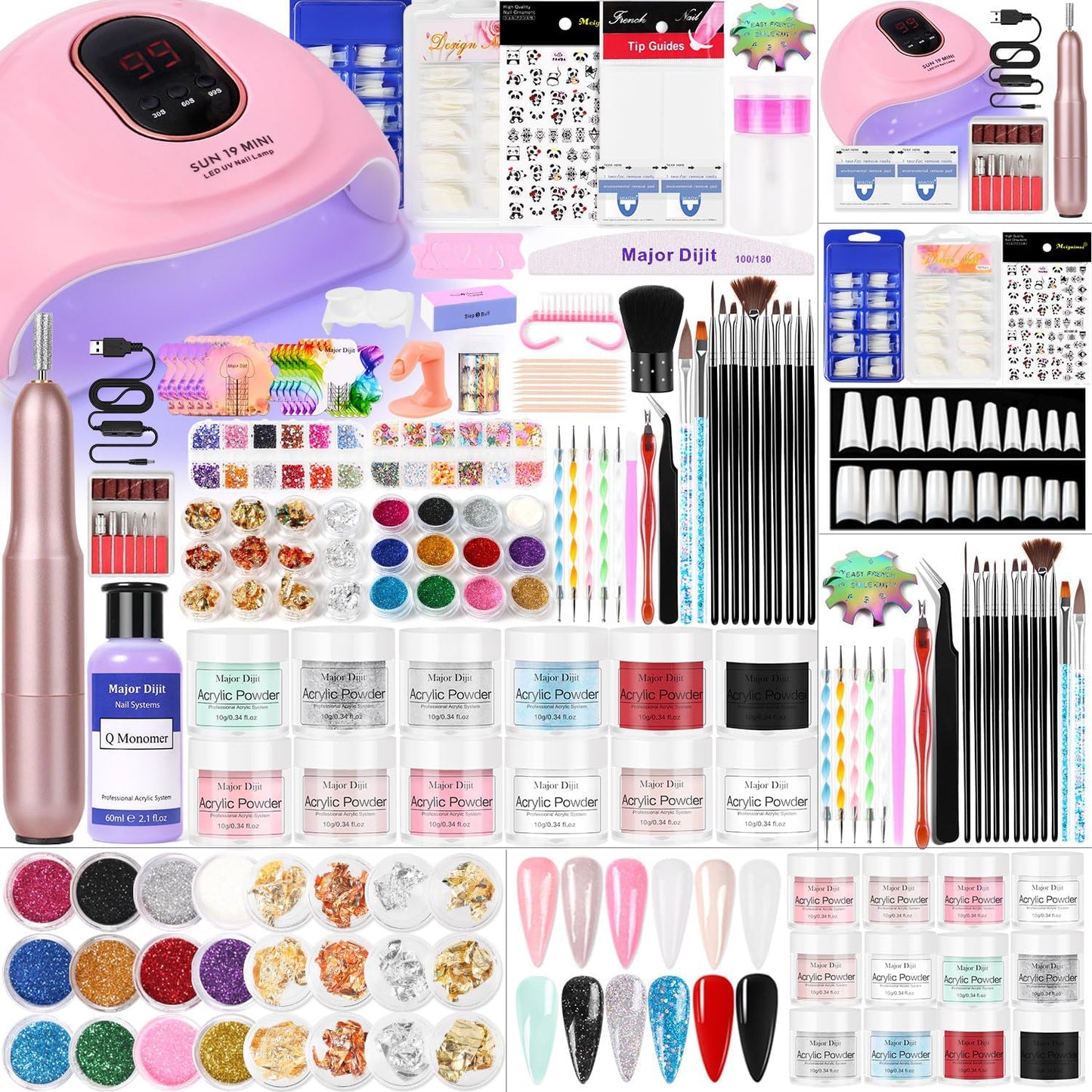 Major Dijit Acrylic Nail Kit with Lamp, 12-Color Powder & Drill