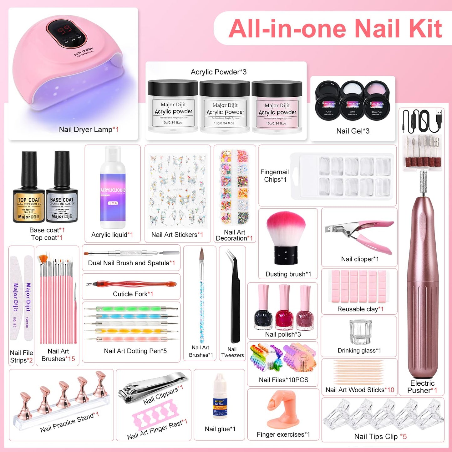 Major Dijit Acrylic Nail Kit – All-in-One Starter Set with Drill, Lamp, Polishes & Gels for Home Salon
