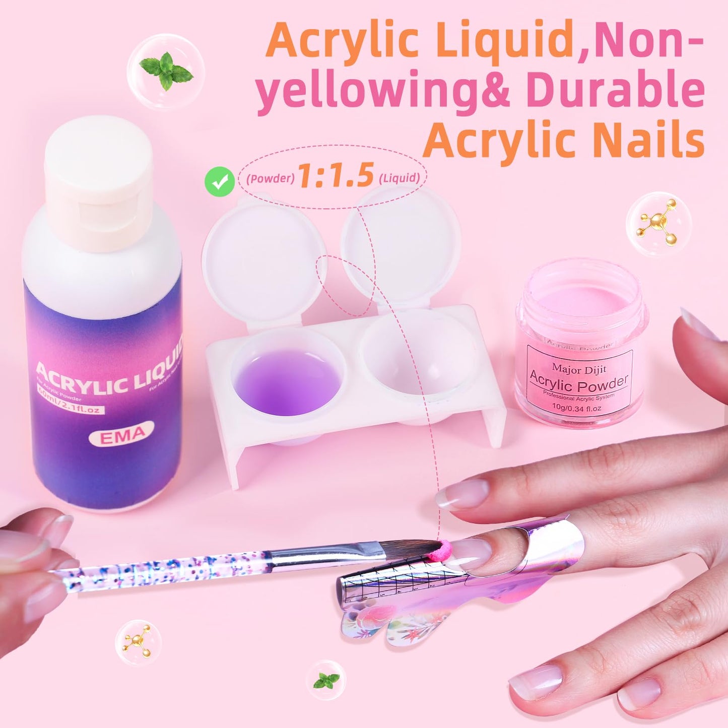 Major Dijit Acrylic Nail Kit with LED Lamp & Drill – 12 Colors, Base/Top Coats, Tips & Charms