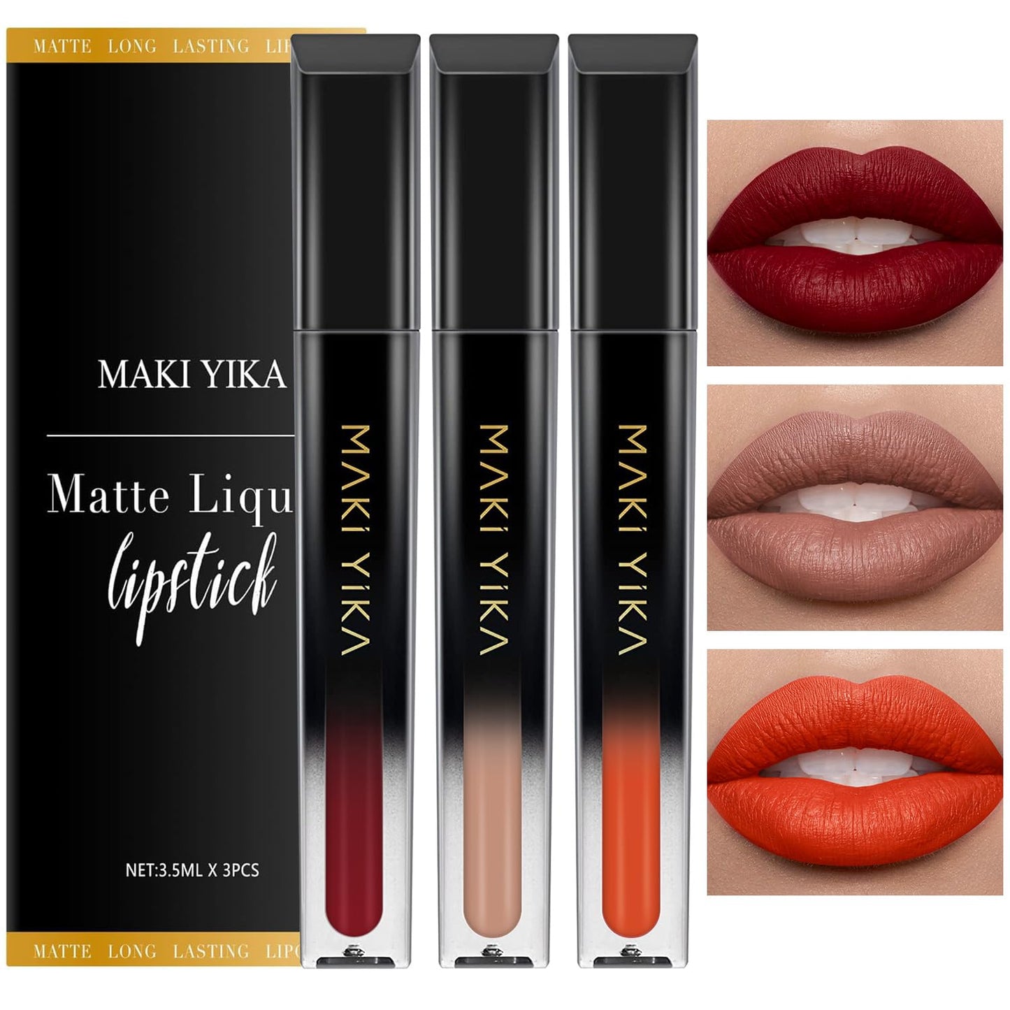 MAKI YIKA 3Pcs Matte Lipstick Set – Red, Nude & Orange; Long-Lasting, Transfer-Proof, Smudge-Resistant