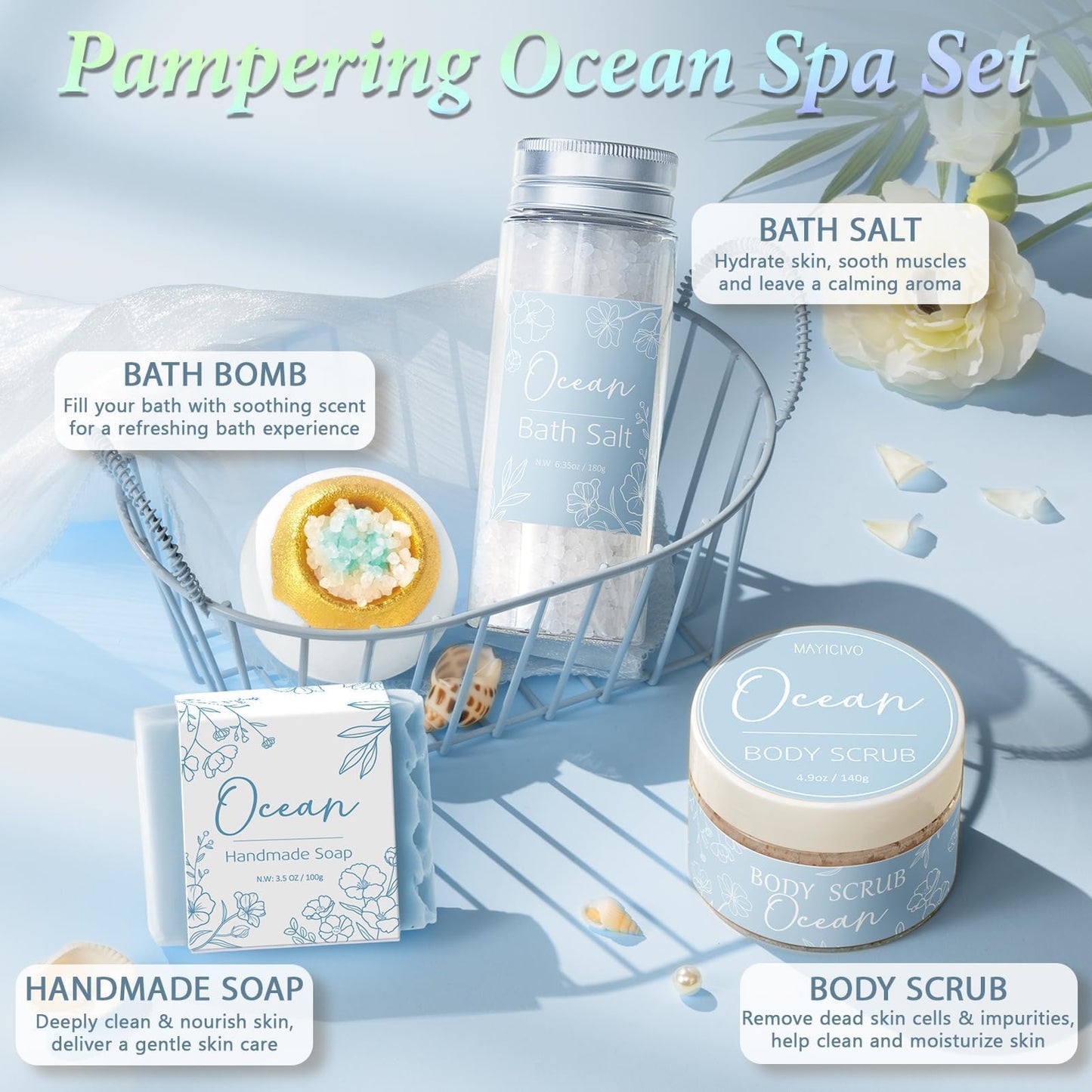 MAYICIVO Ocean Spa Gift Set for Women – Self-Care Bath Gift Basket