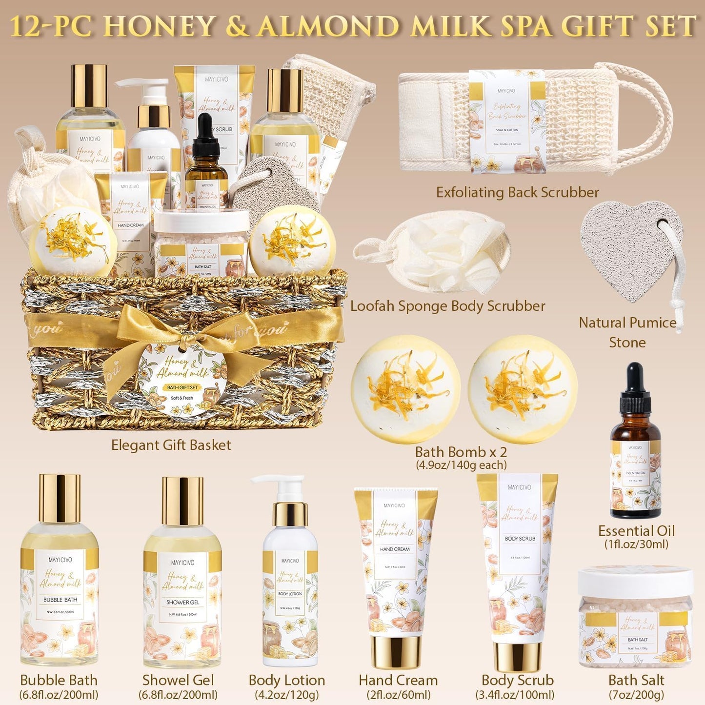 MAYICIVO Honey & Almond Milk Spa Gift Basket for Women | Self-Care Bath Gift Set