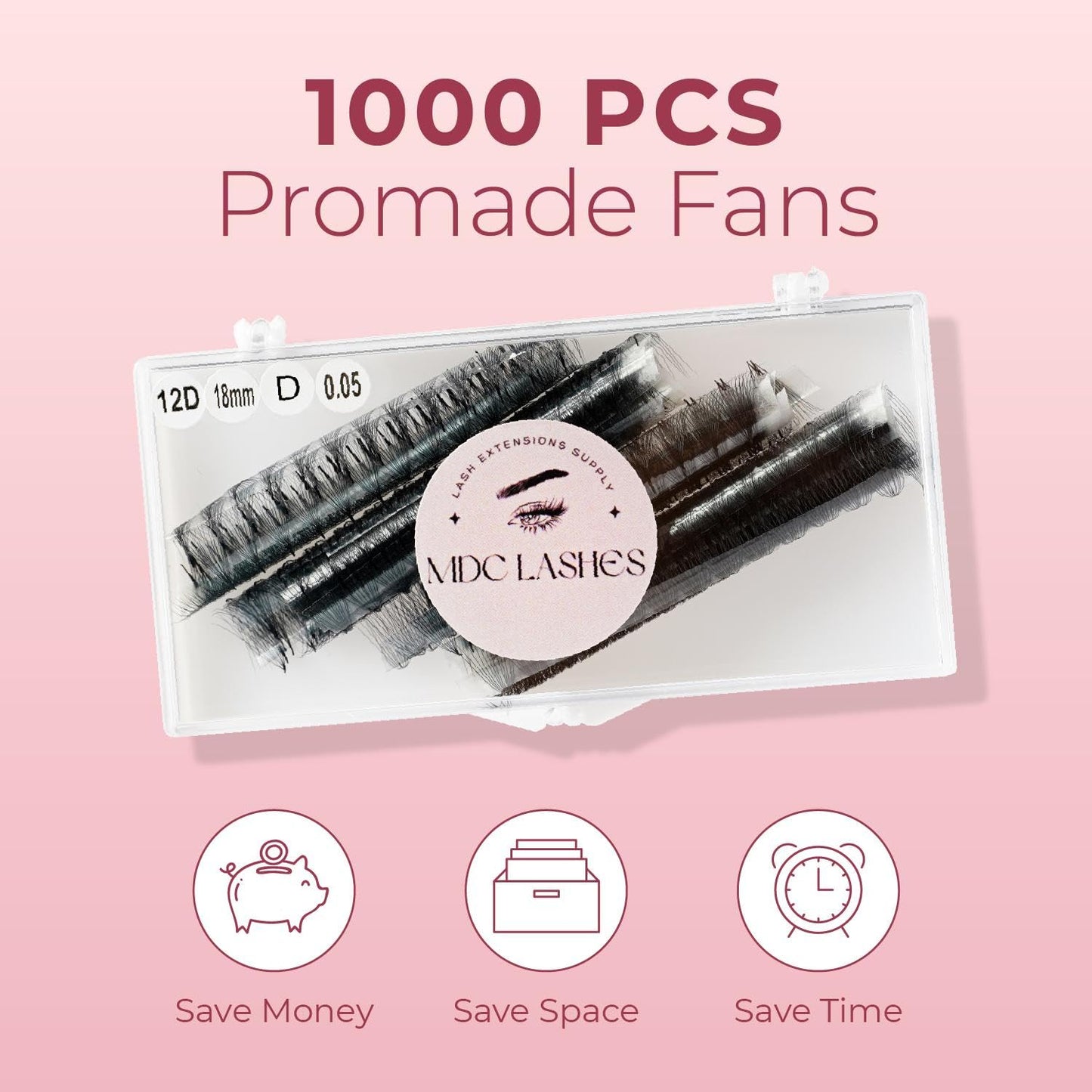 MDC LASHES Promade Fans 1000 – Ultra Speed Premade Volume Lash Extensions, 5D-20D, C/CC/D Curl, 10-18mm